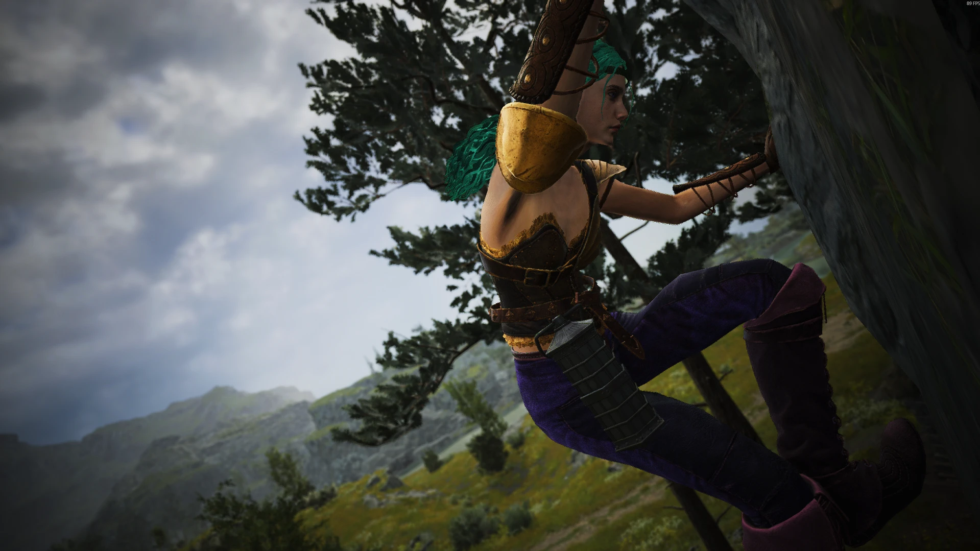 A Dragon's Dogma 2 character climbing a steep cliff with FreeClimb.