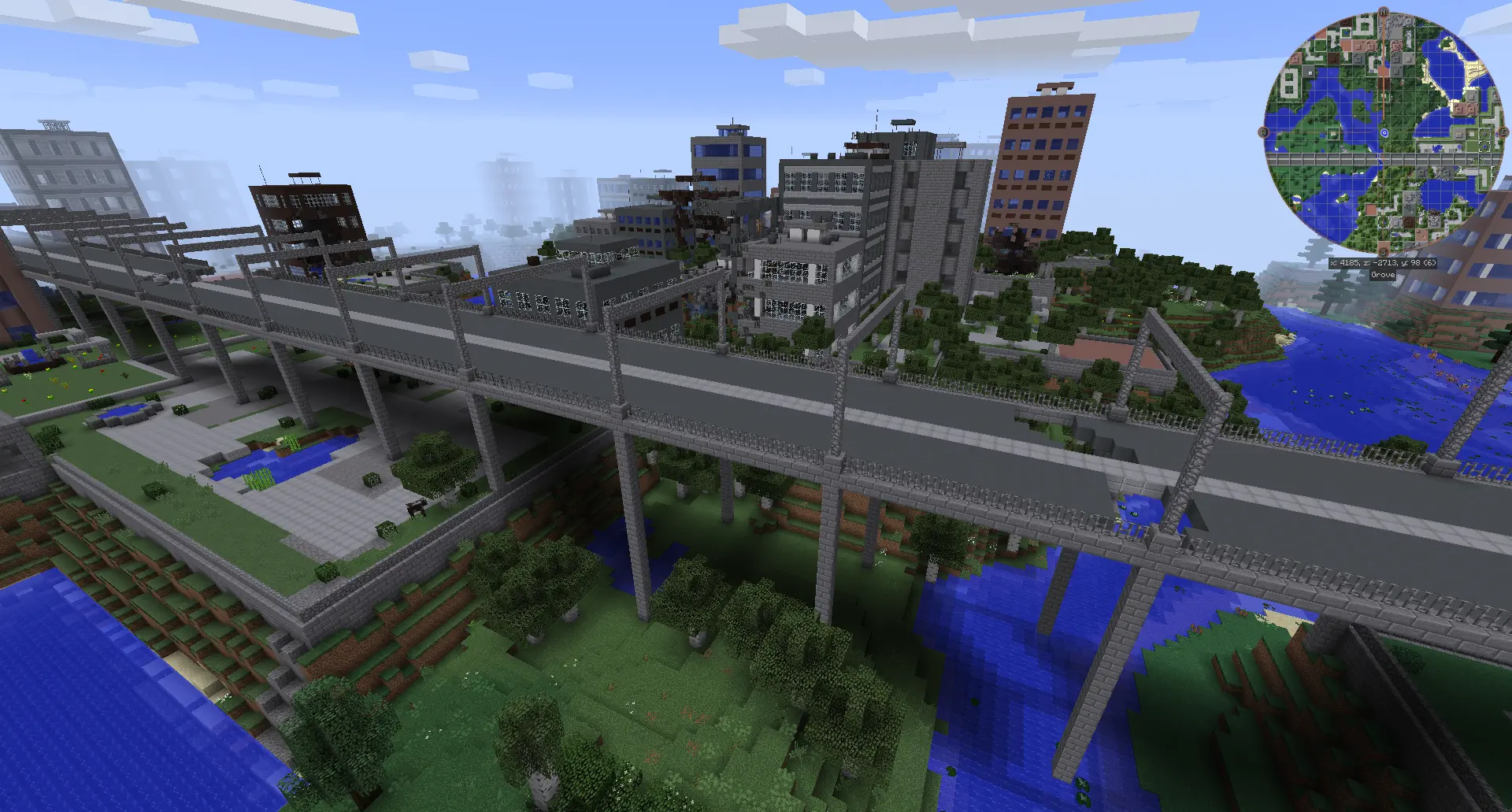 A raised highway crossing a generated Minecraft city in The Lost Cities.