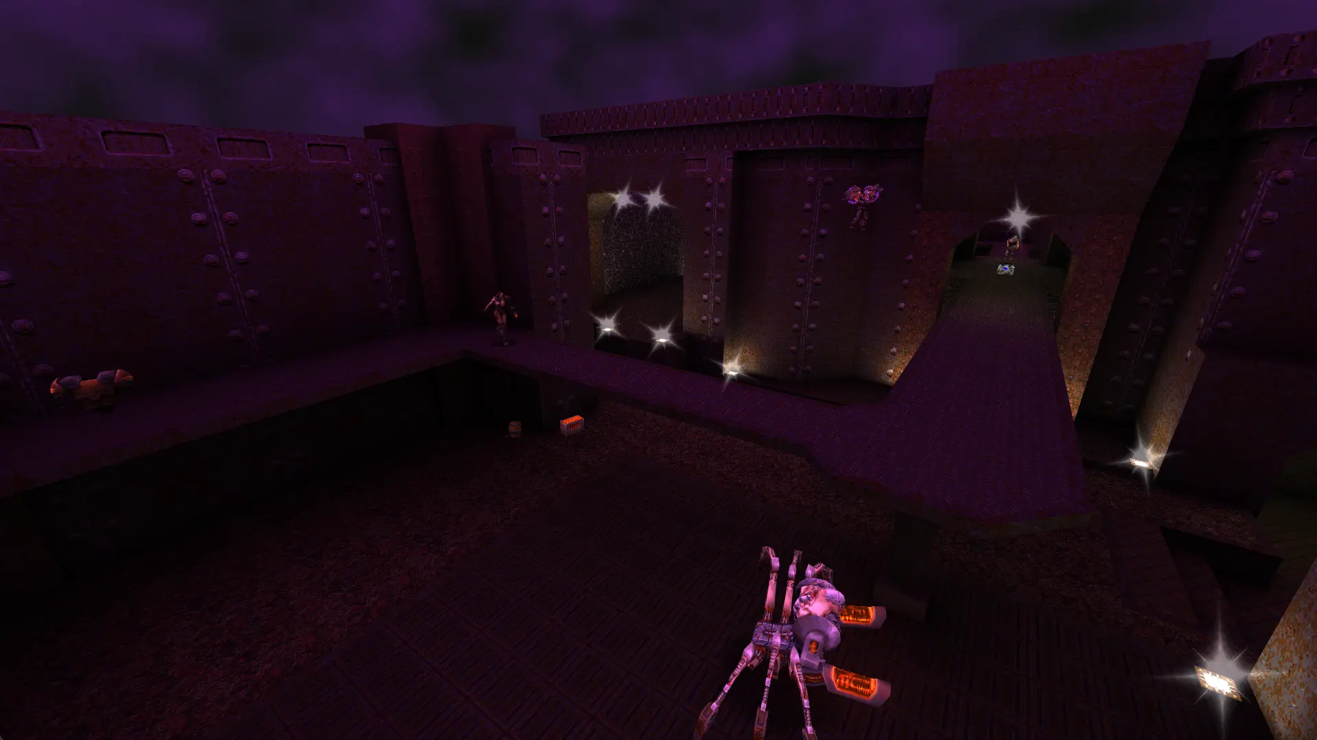 An industrial purple-lit arena from Map-Center's Quake II PSX Jam 2.