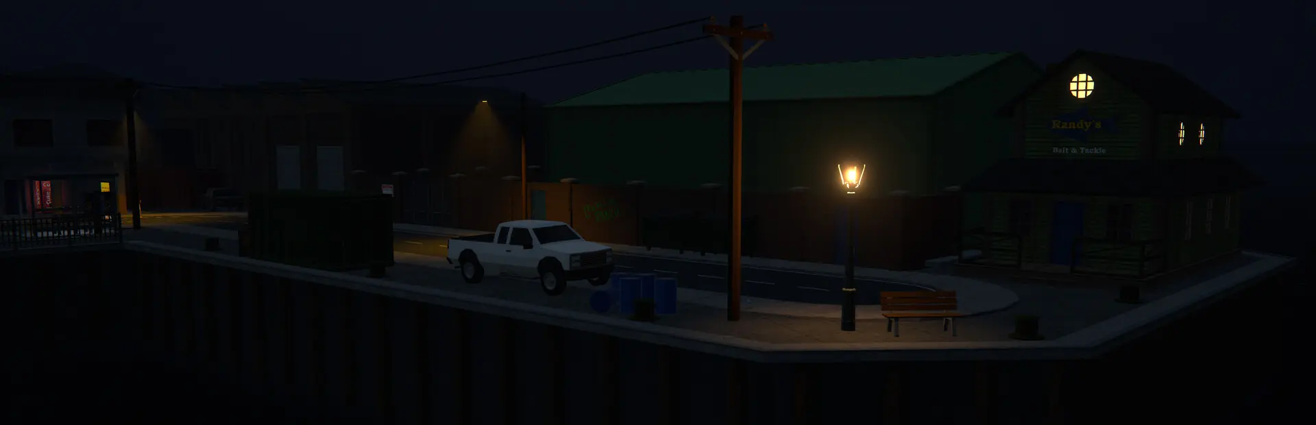 Schedule I’s waterfront at night, with a pickup truck and illuminated shopfront.