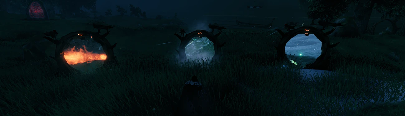 Creator artwork for Ravengates, the Valheim seamless portal mod.