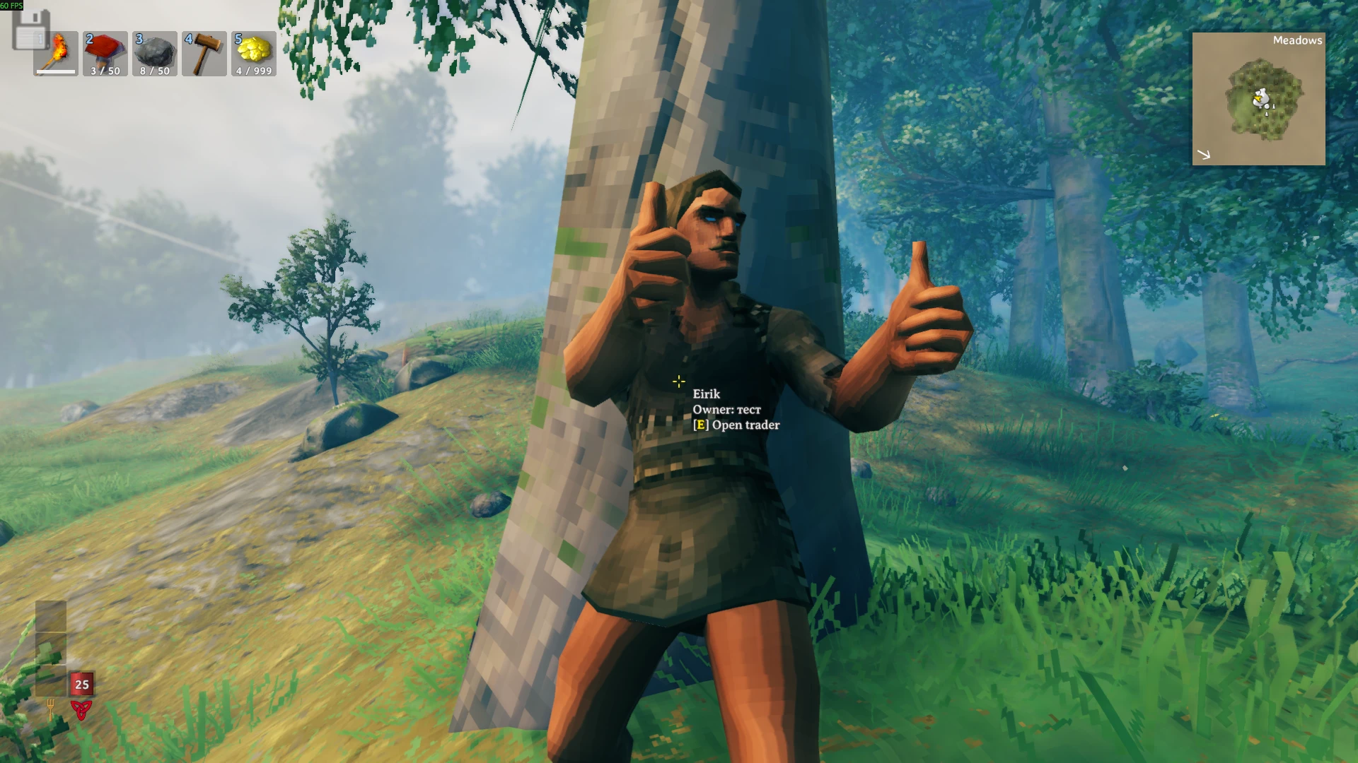 Eirik, a player-owned trader, gives two thumbs up beside a tree in Valheim’s Meadows, with an Open trader prompt over his tunic.