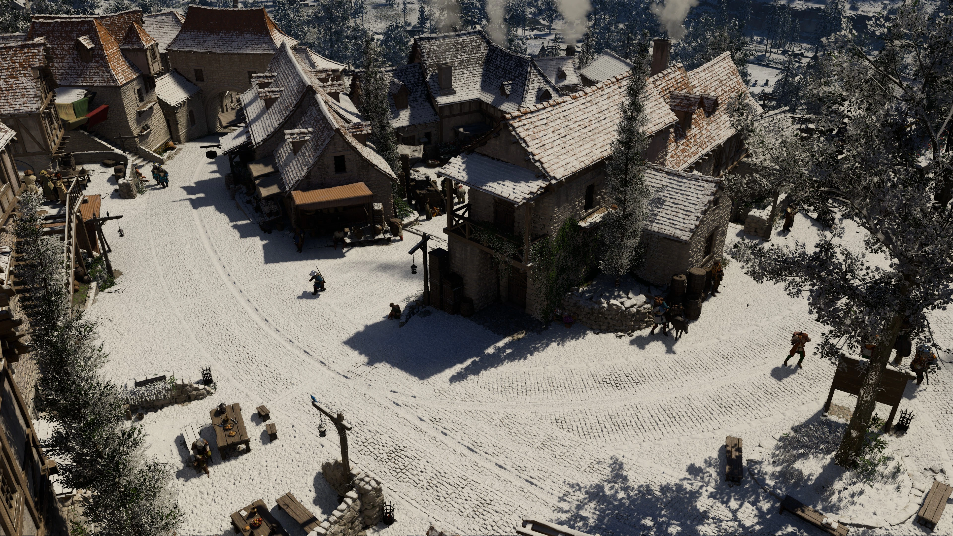 Snow covers the streets, rooftops and trees around a town square in Crimson Desert.