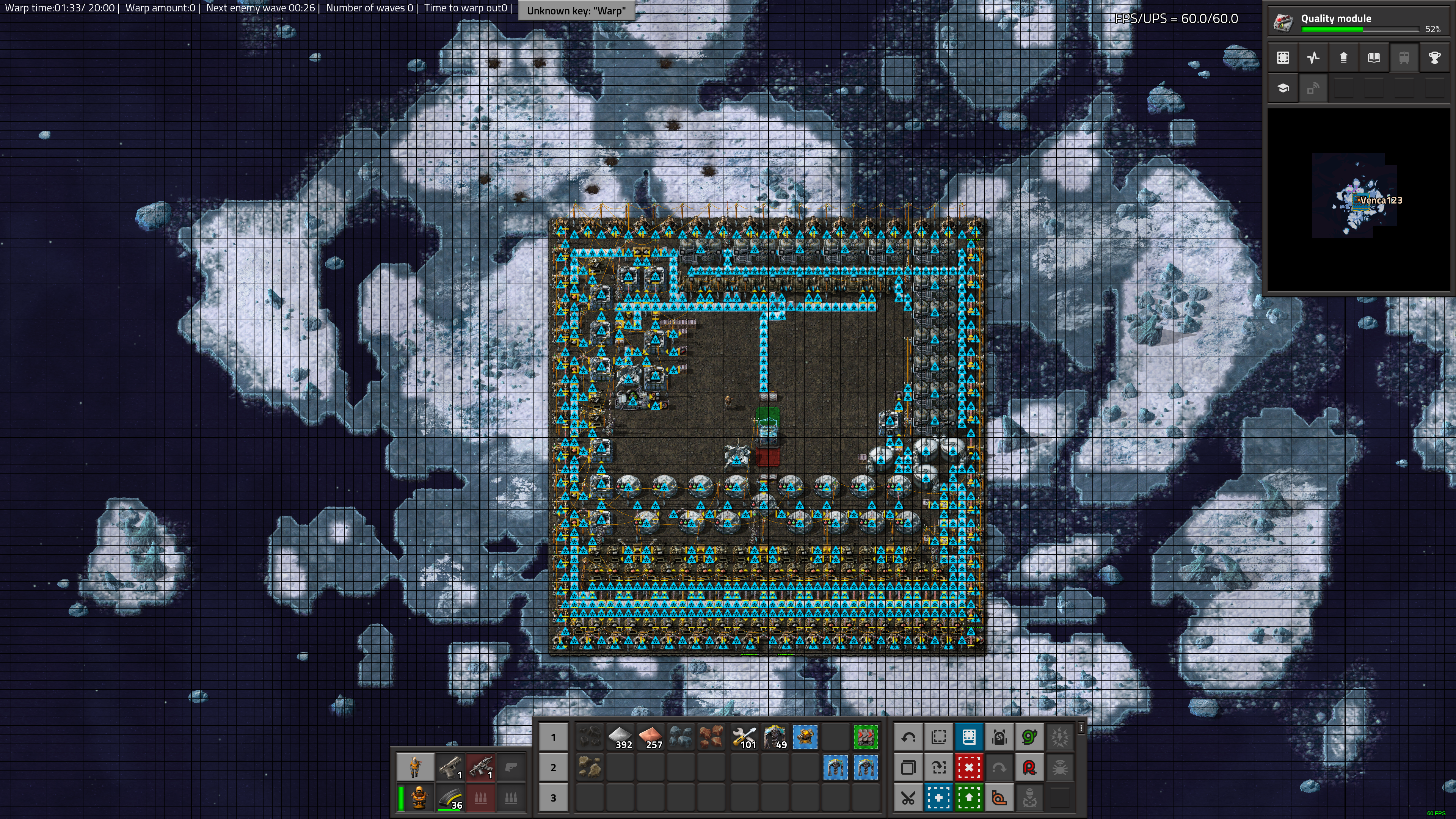 A square warp platform filled with factory equipment rests on an icy planet.