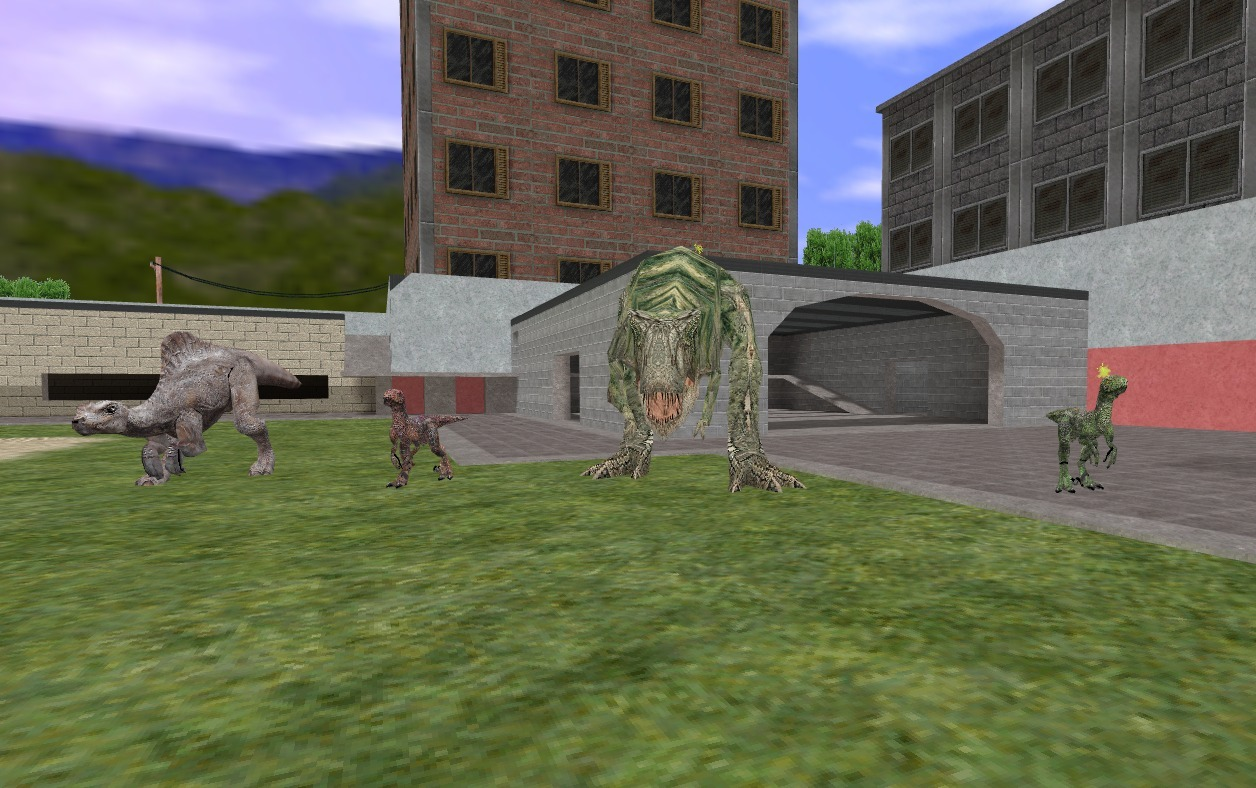 A large green dinosaur and smaller custom dinosaur NPCs in a Go-Mod: Reborn courtyard.