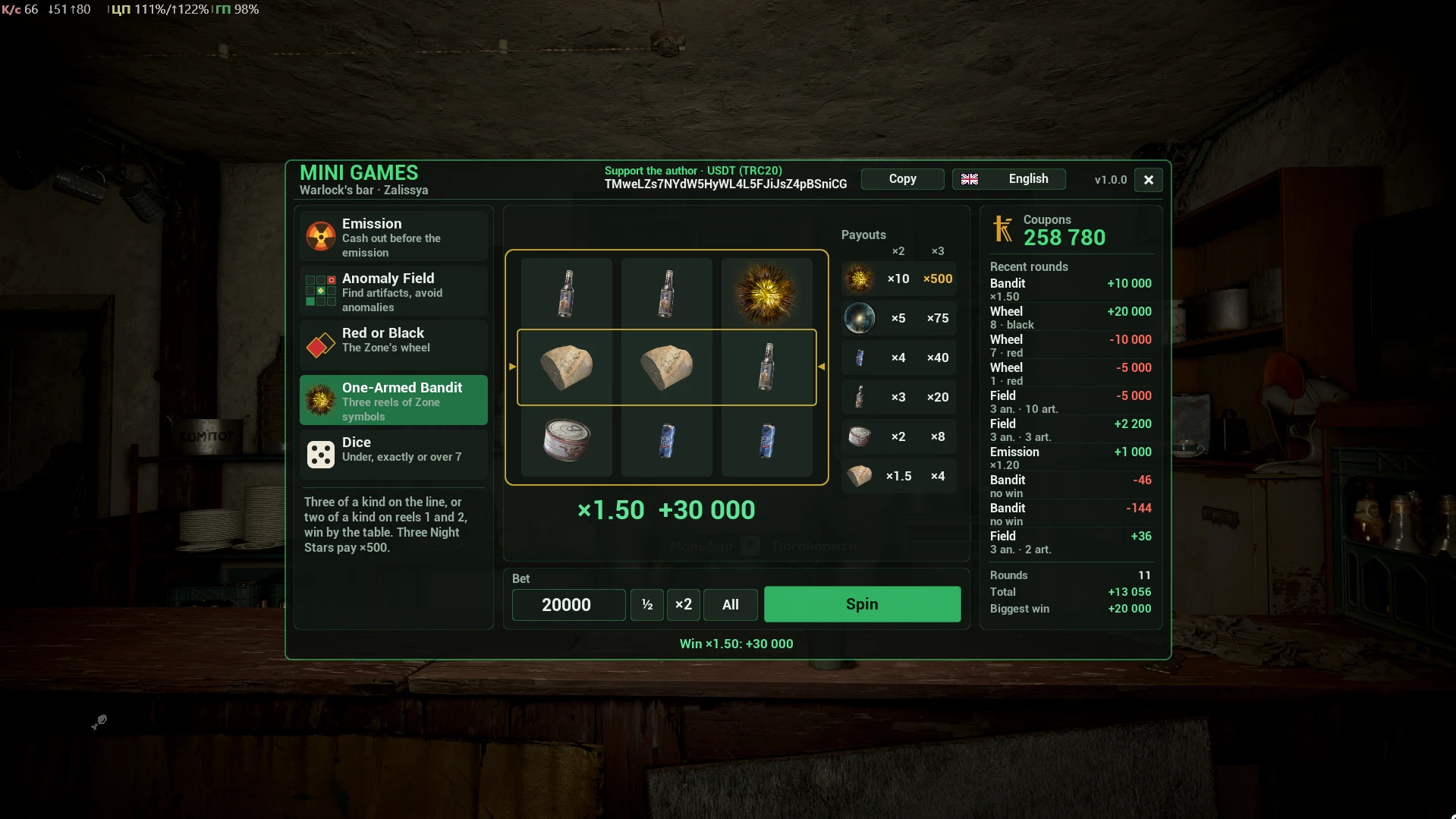 Mini Games’ One-Armed Bandit interface shows reels of food, drink and artifacts at Warlock’s bar, with a coupon balance and recent results.