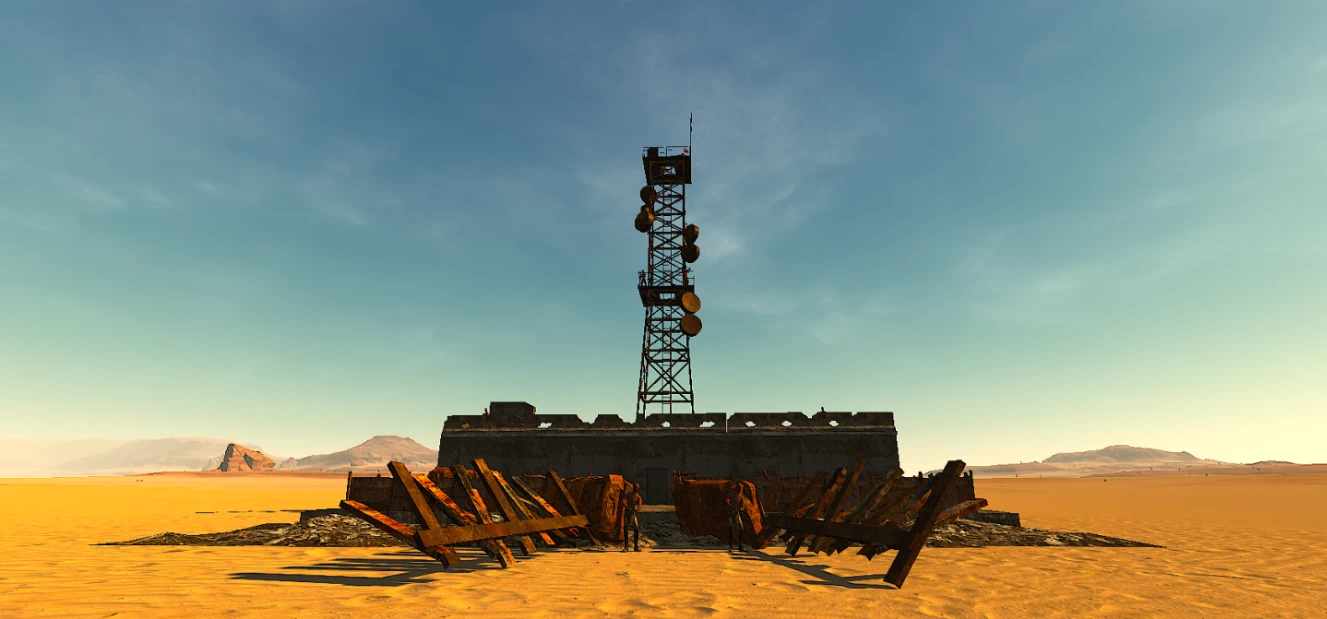A radio mast rises above a barricaded desert outpost in Apocaradio’s creator screenshot.
