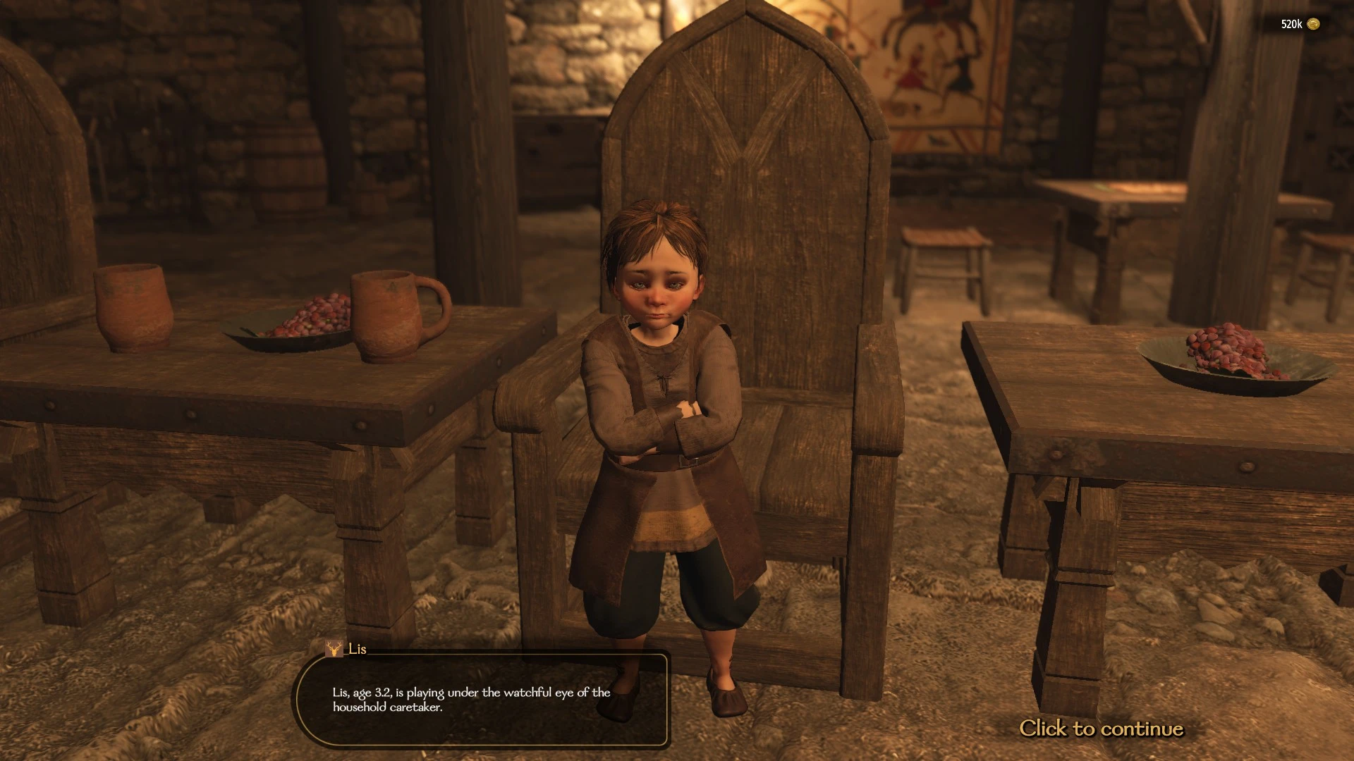 A young child stands with folded arms in front of a tall wooden chair in the lord’s hall in Bannerlord’s Noble Household mod.