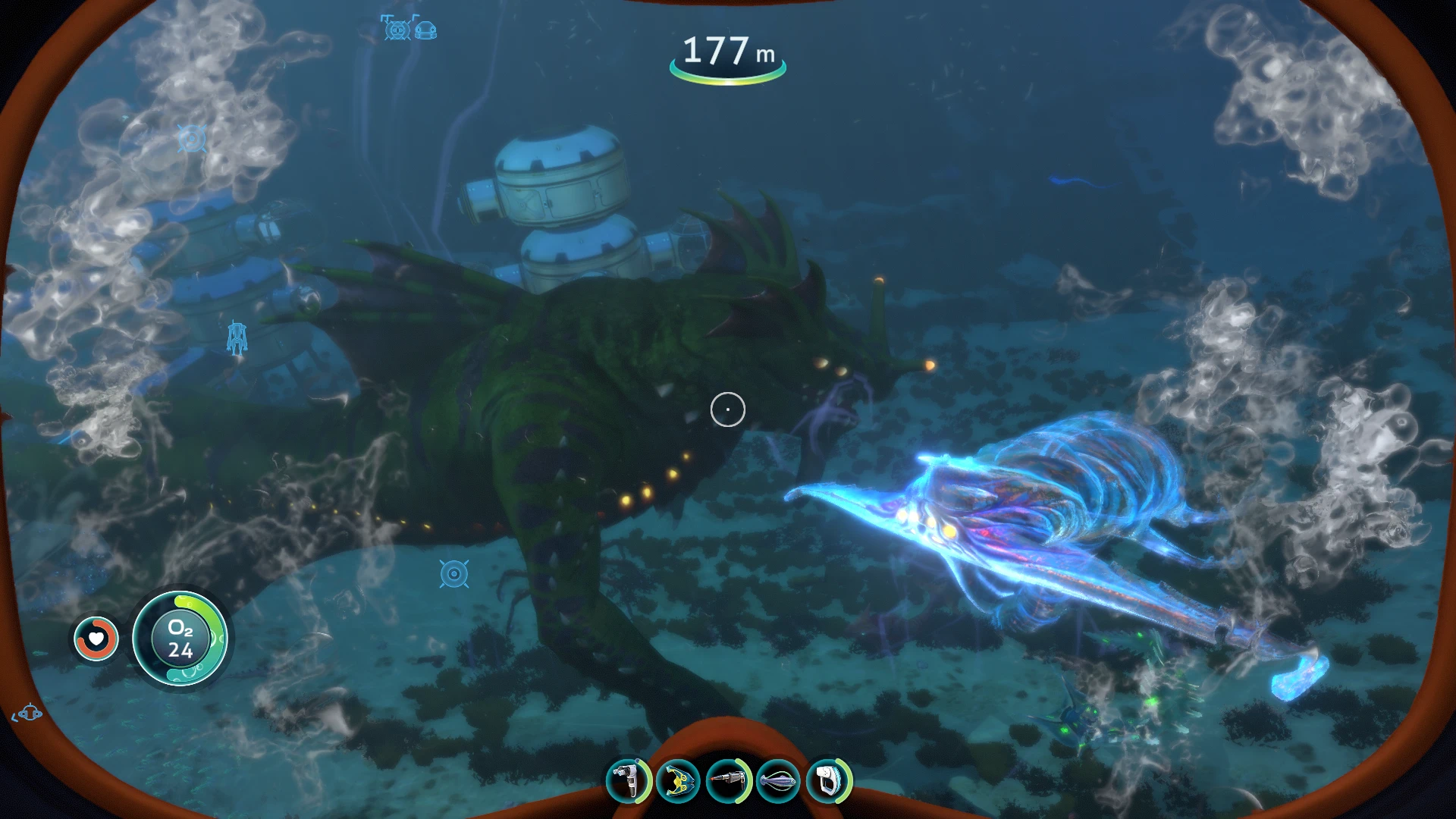 Sea Dragon and Ghost Leviathans swim close to the player above an underwater base in Subnautica.