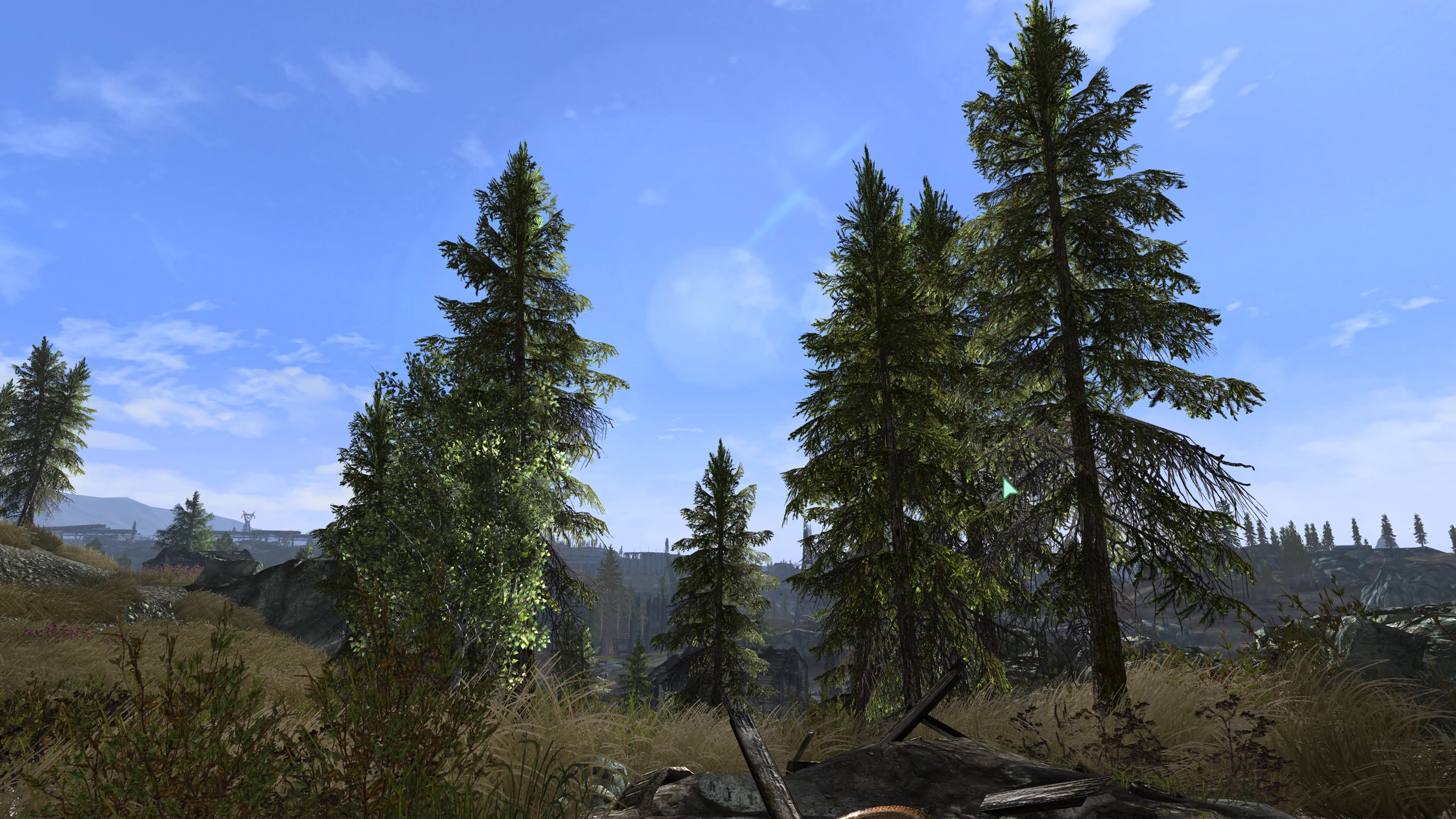 Tall green trees rise over rocks and scrub in Vurt’s Fallout 3 flora overhaul.