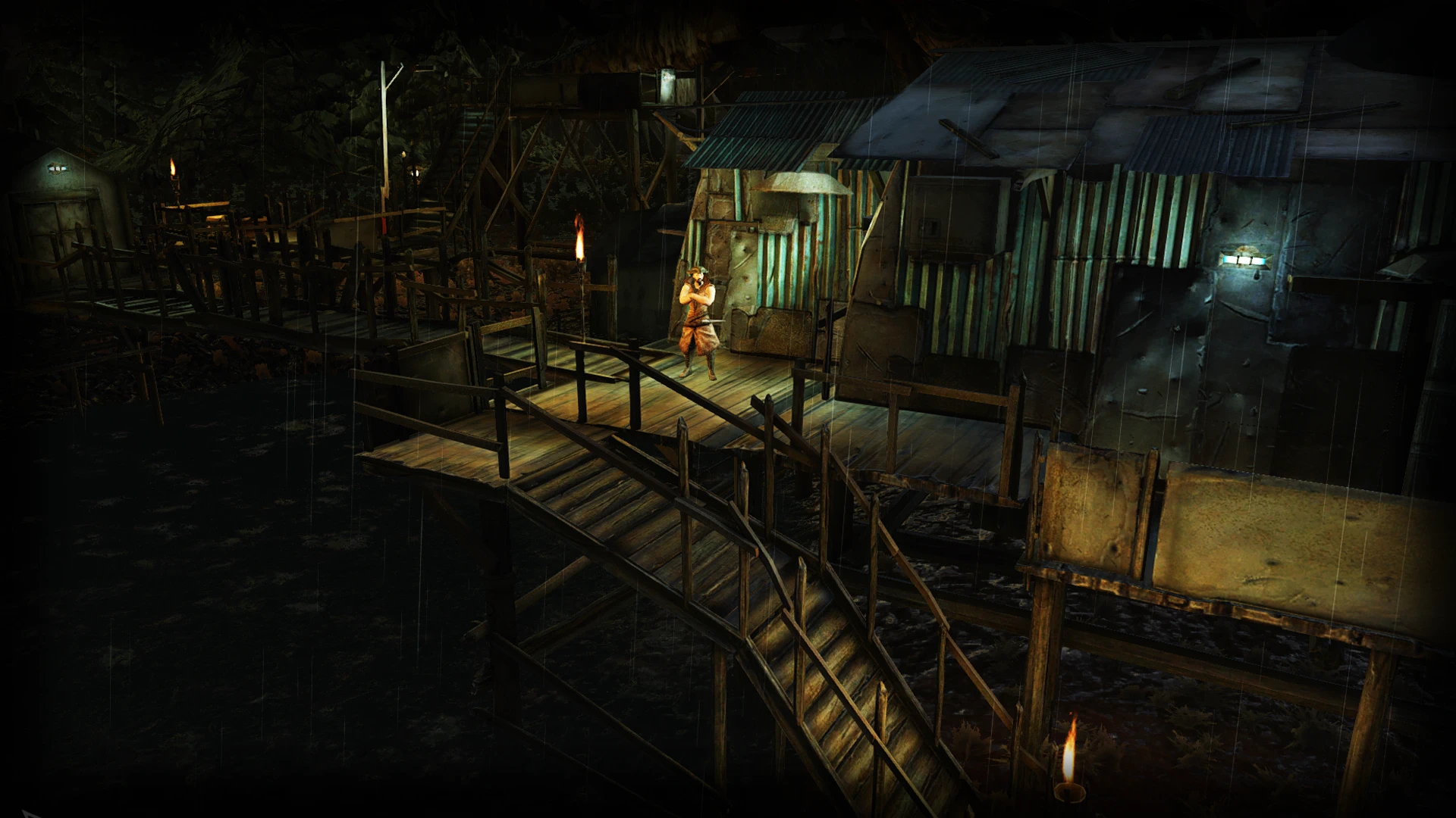 A character stands on the lit platform of a metal swamp house with compact side stairs in Kenshi.