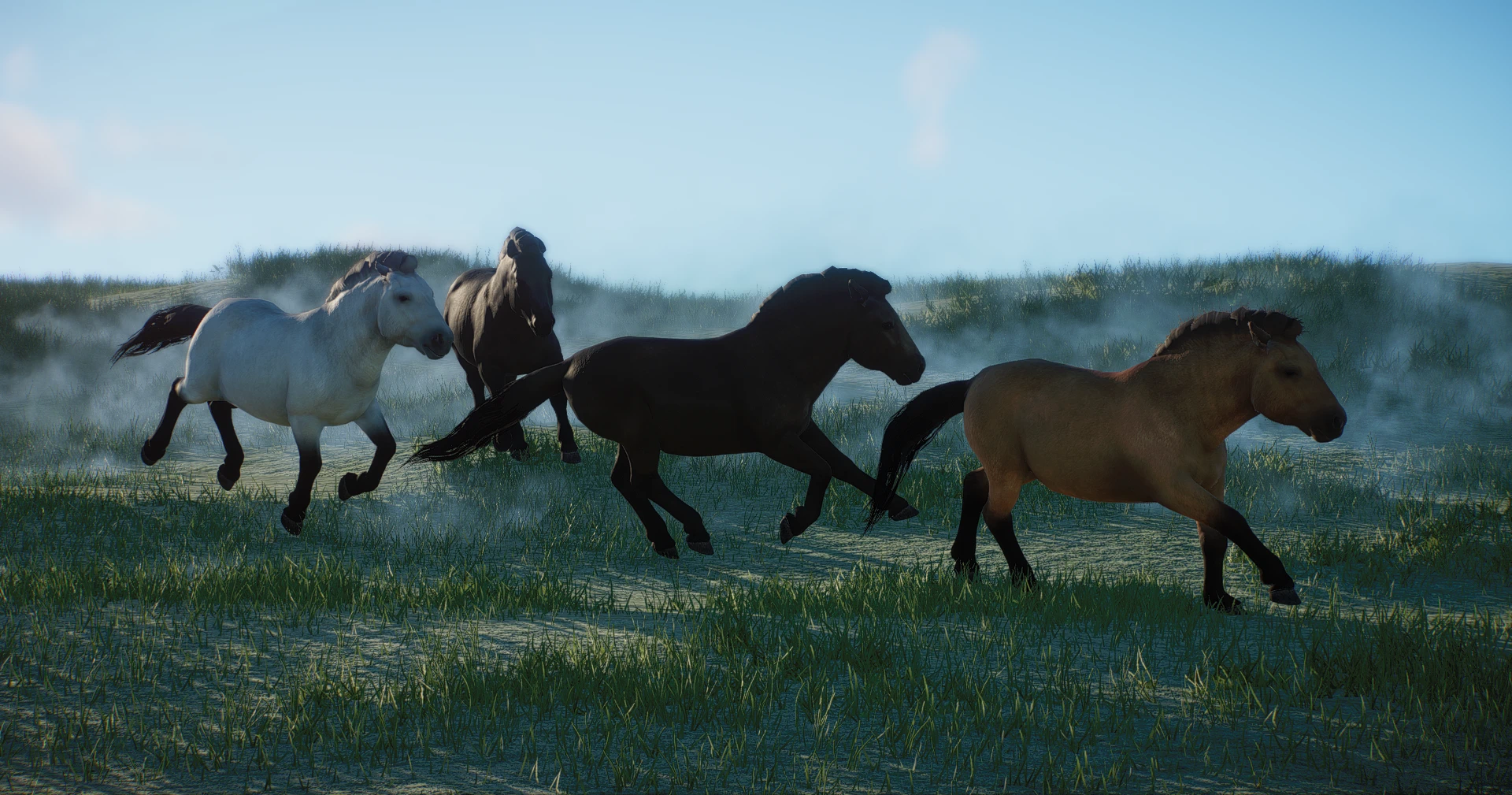 Four Faroese ponies run through misty grass in the creator’s Planet Zoo screenshot.