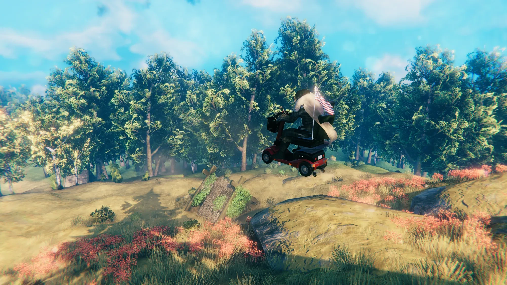An armored Viking rides a red mobility scooter through the air above a grassy slope in Valheim, with a small flag attached to the seat.