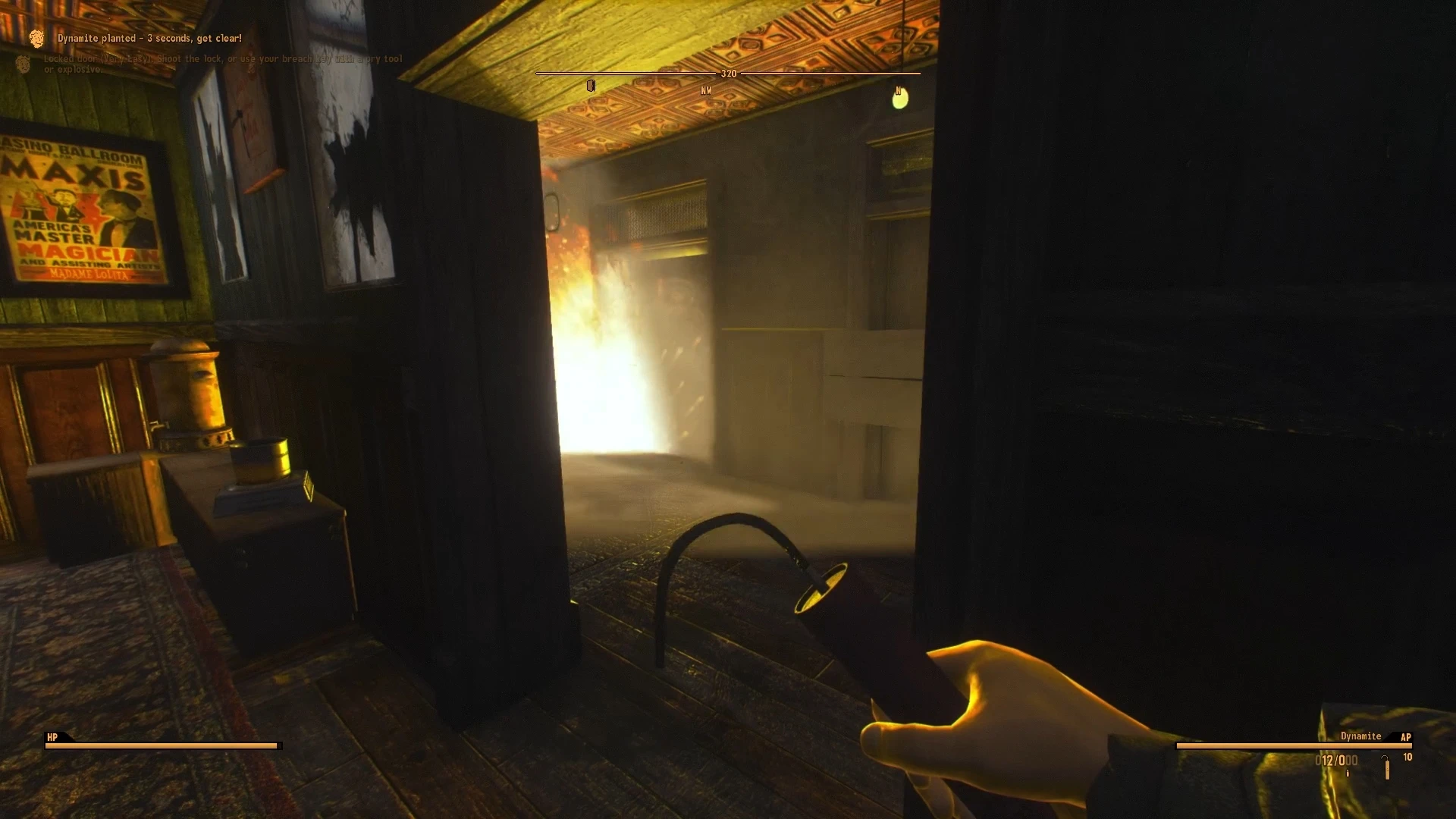 A blast lights an open doorway in a casino interior as the player holds dynamite in Fallout: New Vegas.