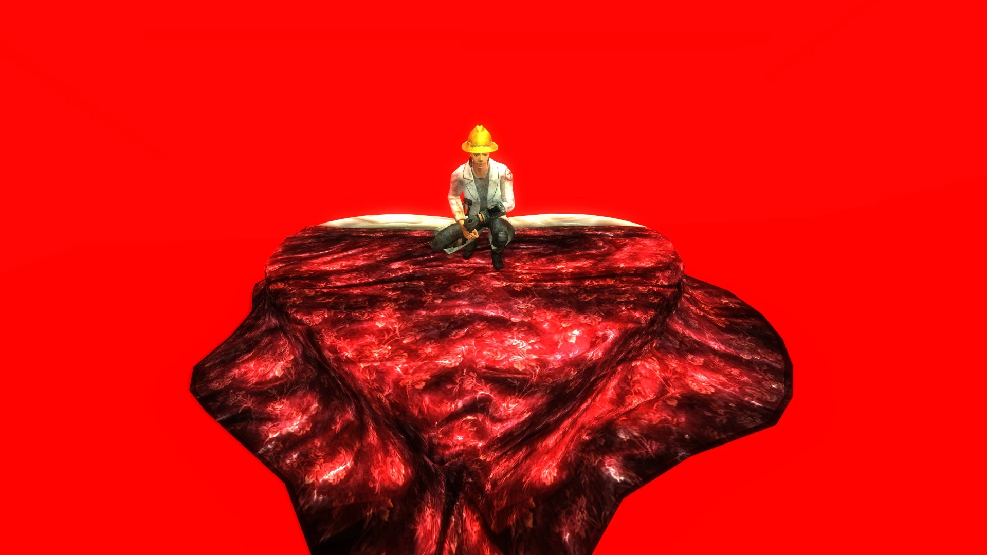 A New Vegas character sits on a heart-shaped bed against the studio’s red backdrop.