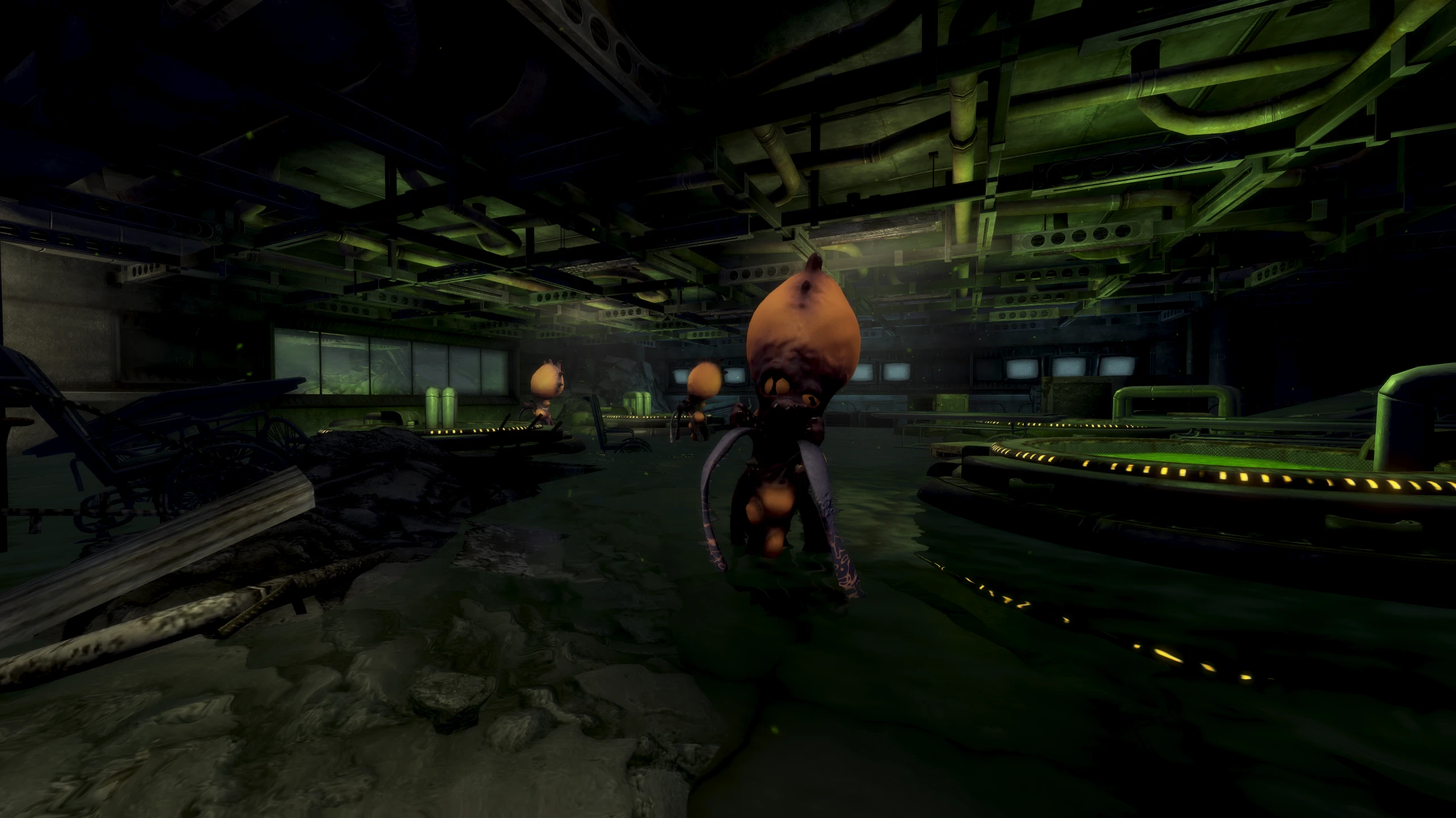 A floating mutant with an orange bulbous head hovers in a ruined, green-lit Hoover Dam laboratory.