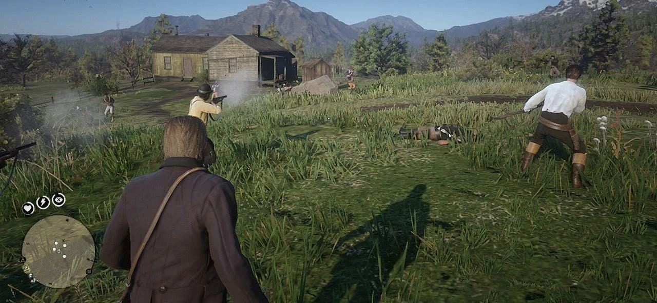 Arthur and armed characters exchange gunfire in grass beside a rural outpost in Red Dead Redemption 2.