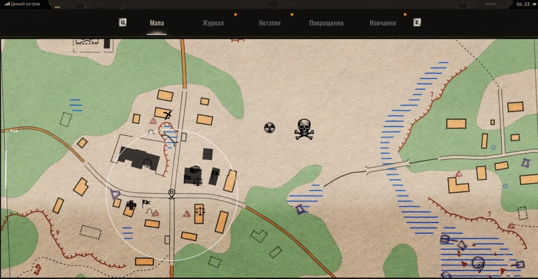 A S.T.A.L.K.E.R. 2 map interface shows black hand-drawn hazard and service icons over a pale green and beige topographic map, with buildings, roads and water markings.