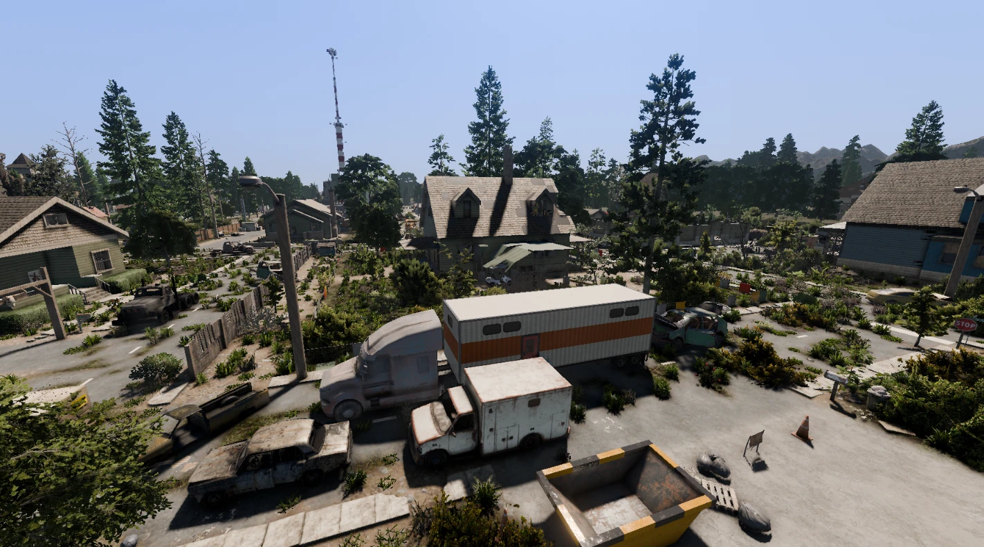 Abandoned vehicles and overgrown streets fill a sunny 7 Days to Die neighborhood.