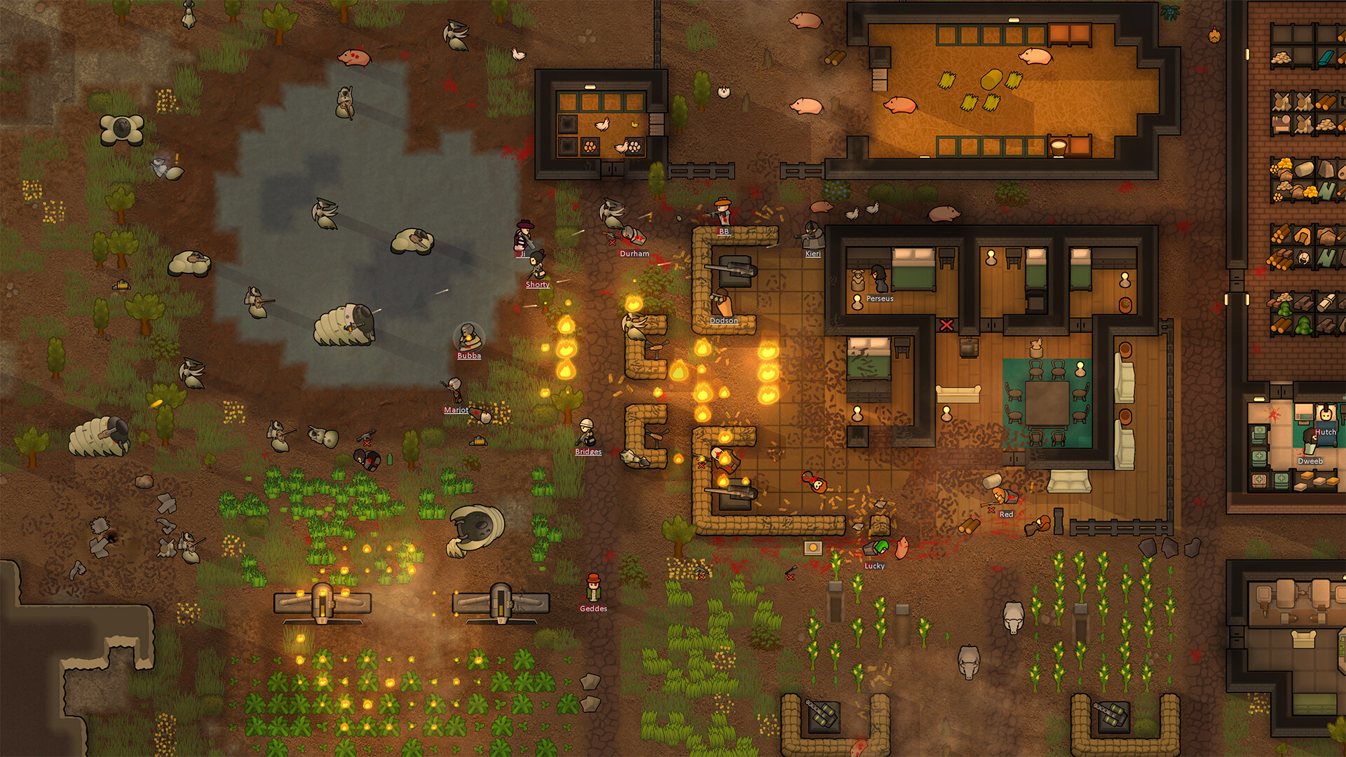 RimWorld colonists defend a burning settlement from armed mechanoids while animals shelter nearby.