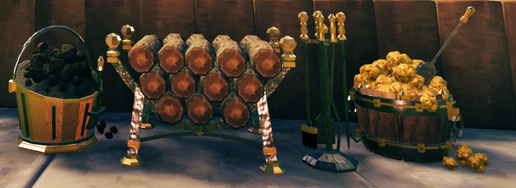 A coal scuttle, stacked firewood rack, fireplace tools and resin-filled barrel stand on a wooden floor in Valheim.