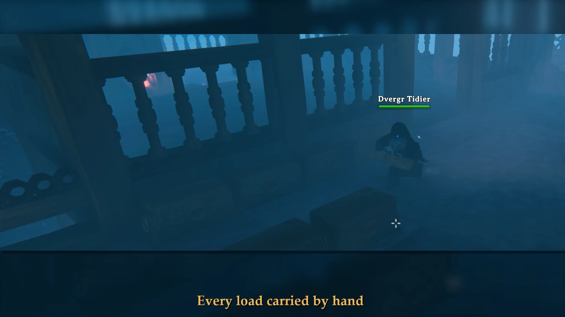 A hooded dvergr carries a wooden load beside chests and a railing inside a blue-lit Valheim building.