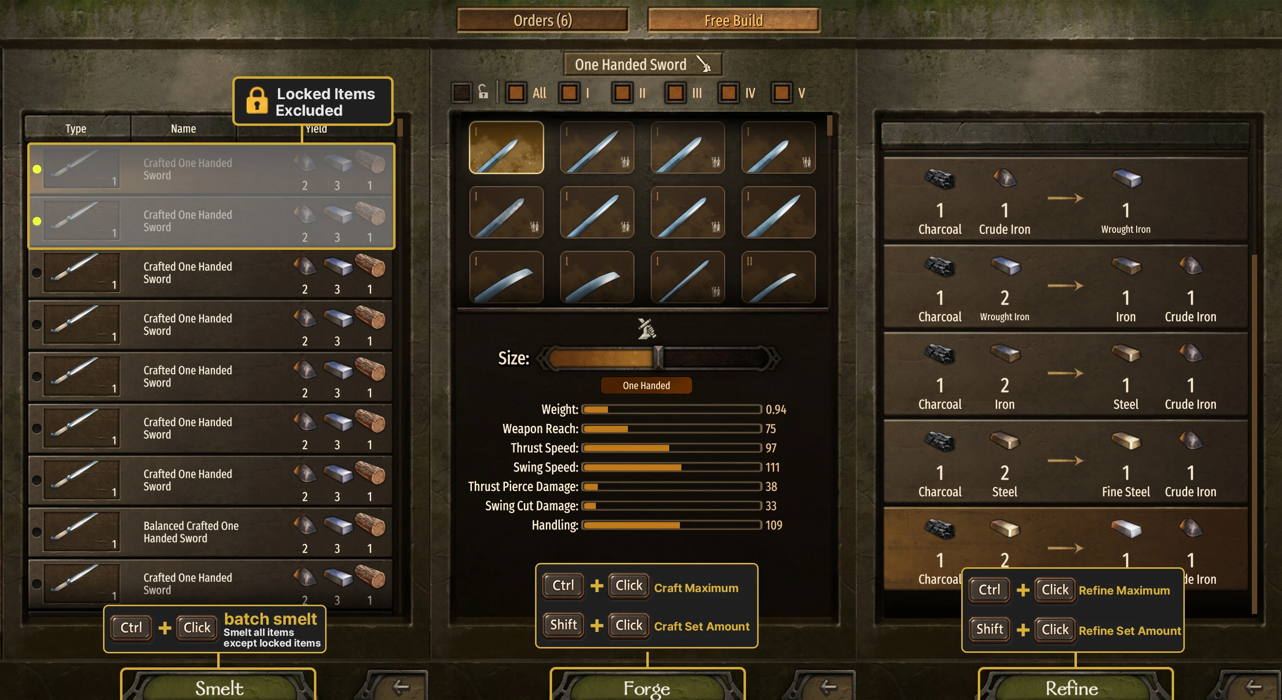 An annotated montage shows Bannerlord’s smelting, forging and refining interfaces.
