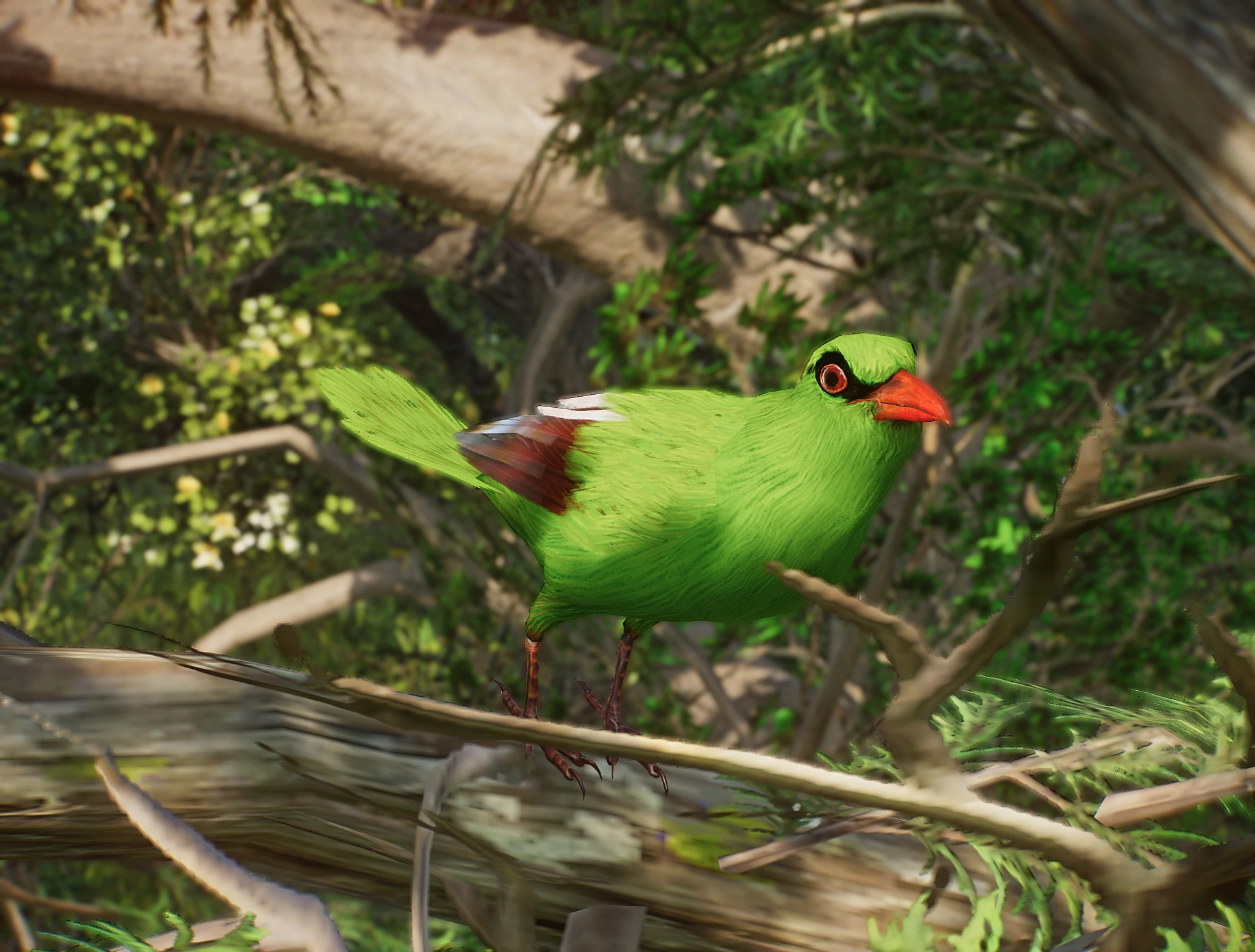 A green Javan magpie with a red beak, black eye stripe and reddish wing tips perches on a branch in a leafy Planet Zoo habitat.