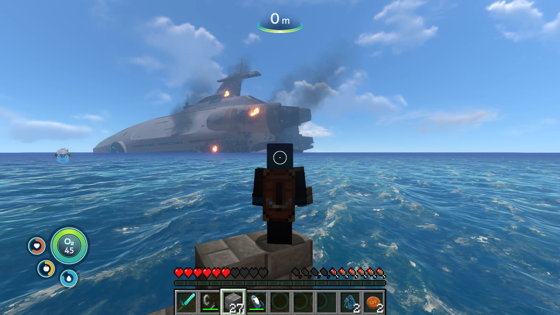 A blocky Minecraft character stands on stone above Subnautica’s ocean with the burning Aurora in the distance.