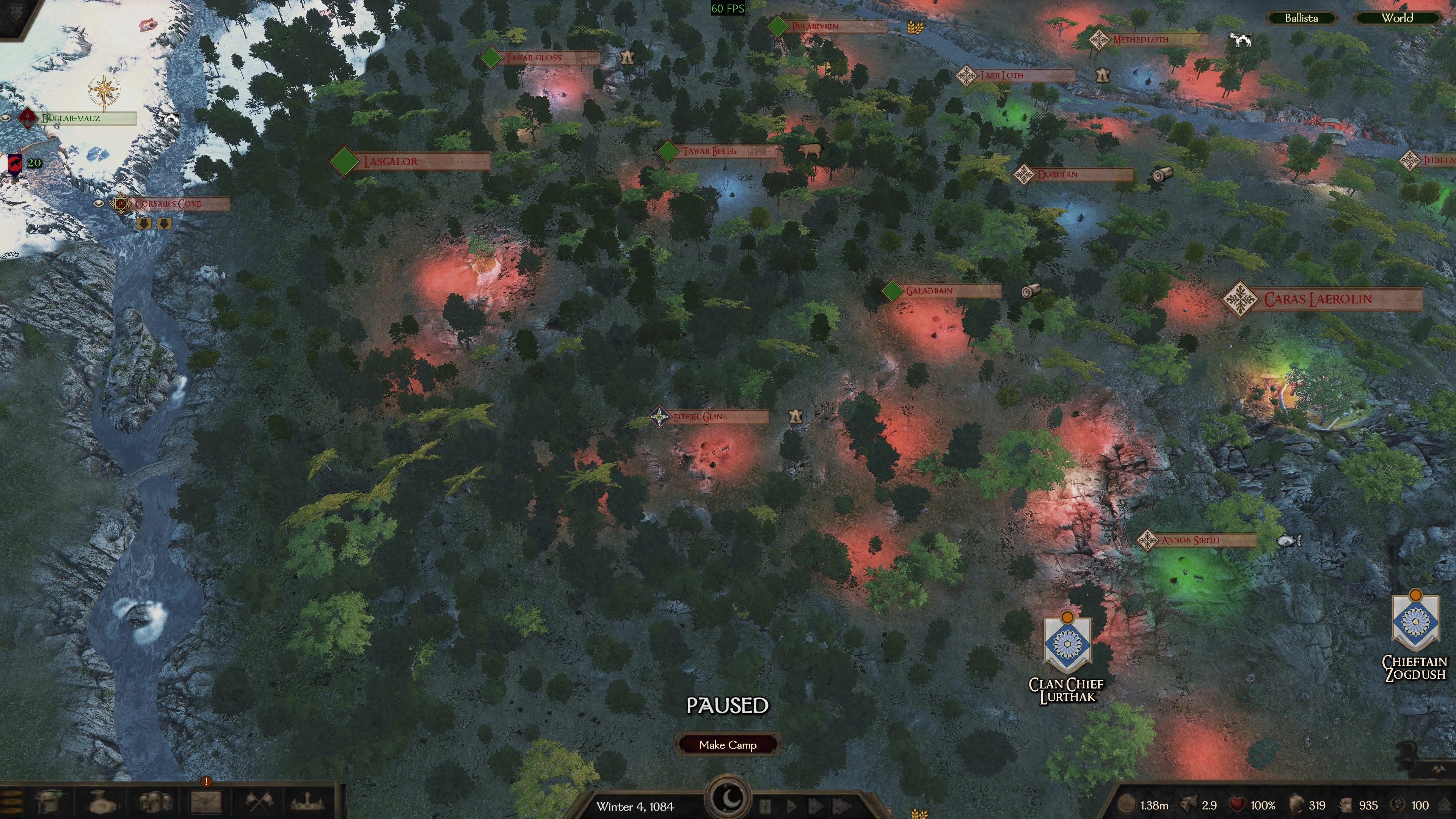 Colored lights mark settlements and parties across a wooded Middle-earth campaign map in Bannerlord.