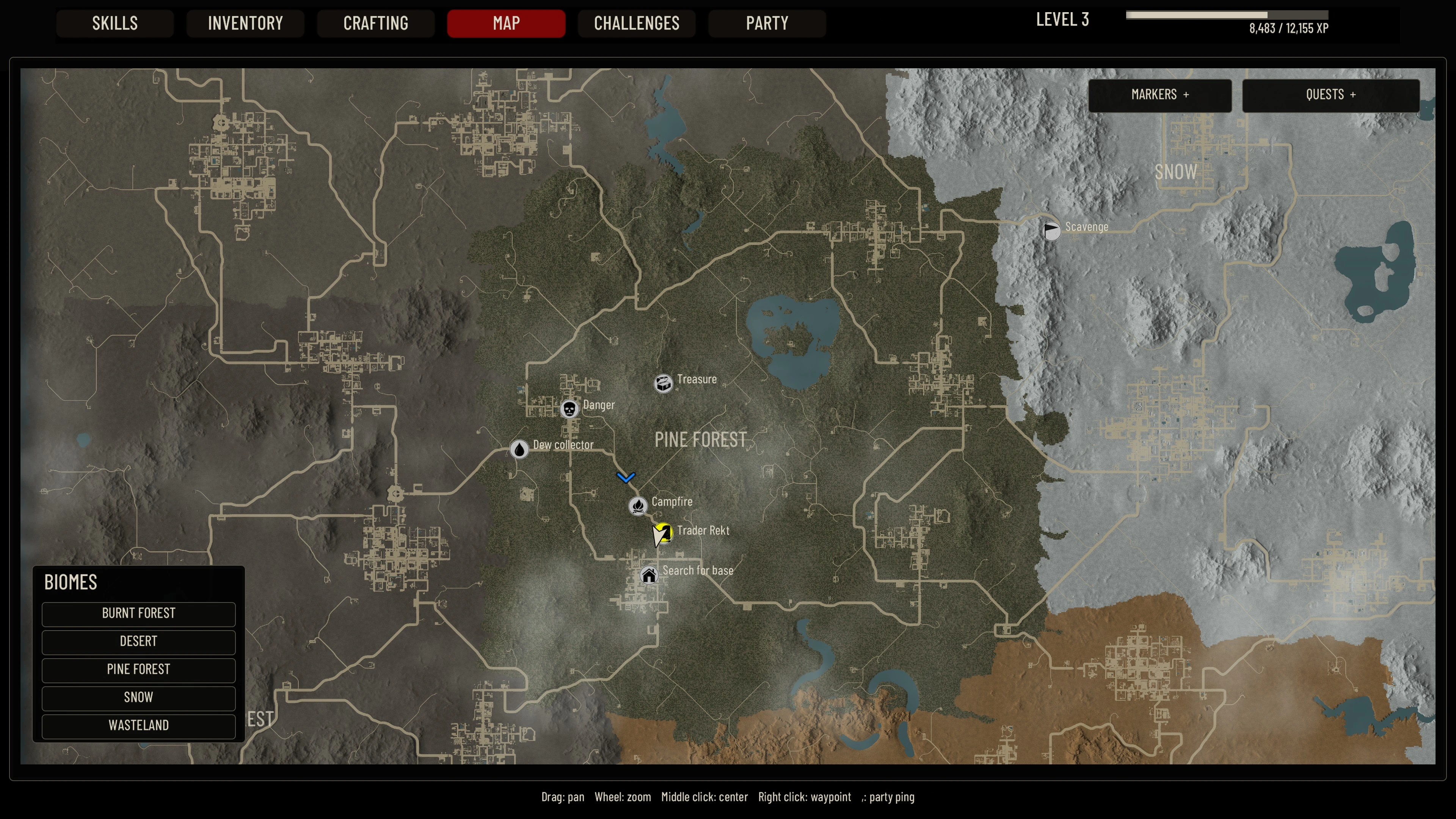AshenUI’s world-map screen shows roads, terrain and location markers in 7 Days to Die.