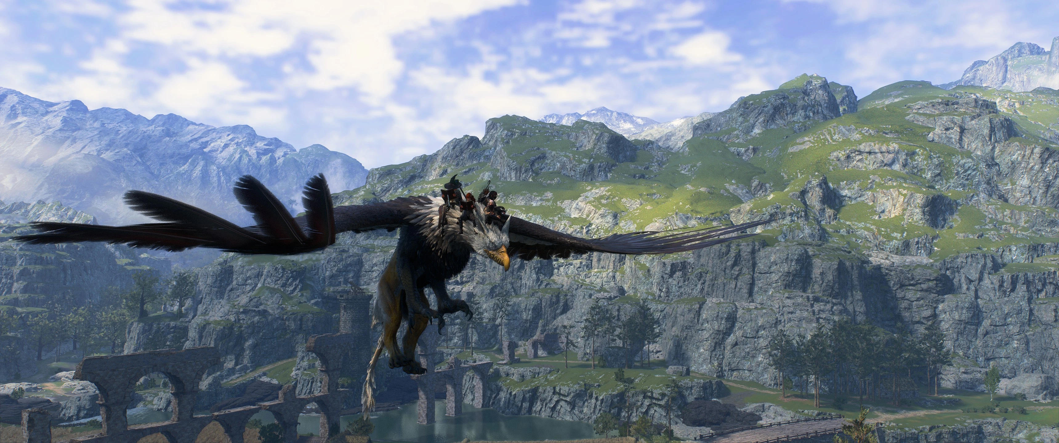 A Griffin carrying several riders flies above a rocky valley and ruined stone bridge in Dragon's Dogma 2.