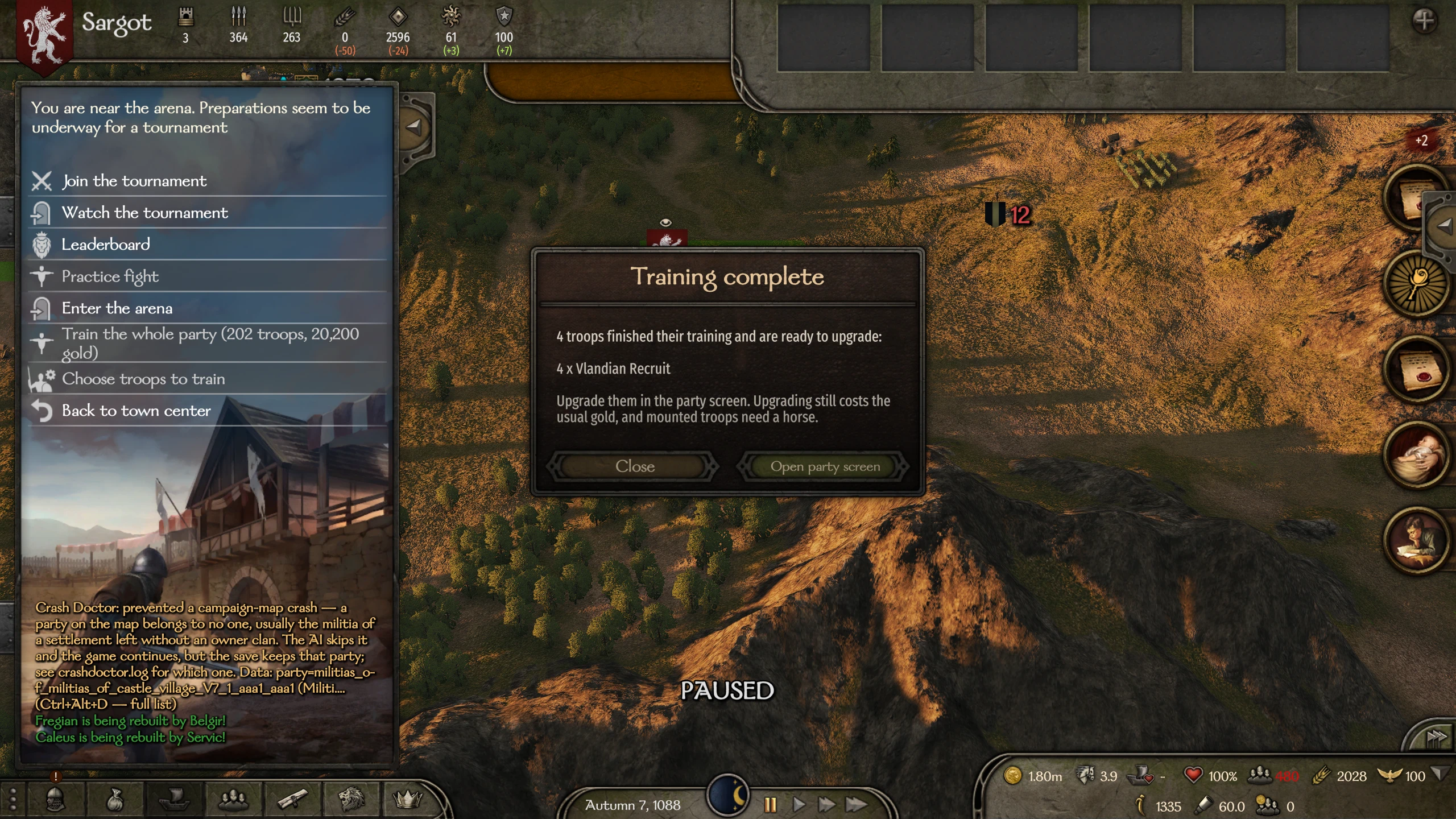 Arena Training completion dialog in Bannerlord lists four trained Vlandian recruits and explains how to upgrade them.