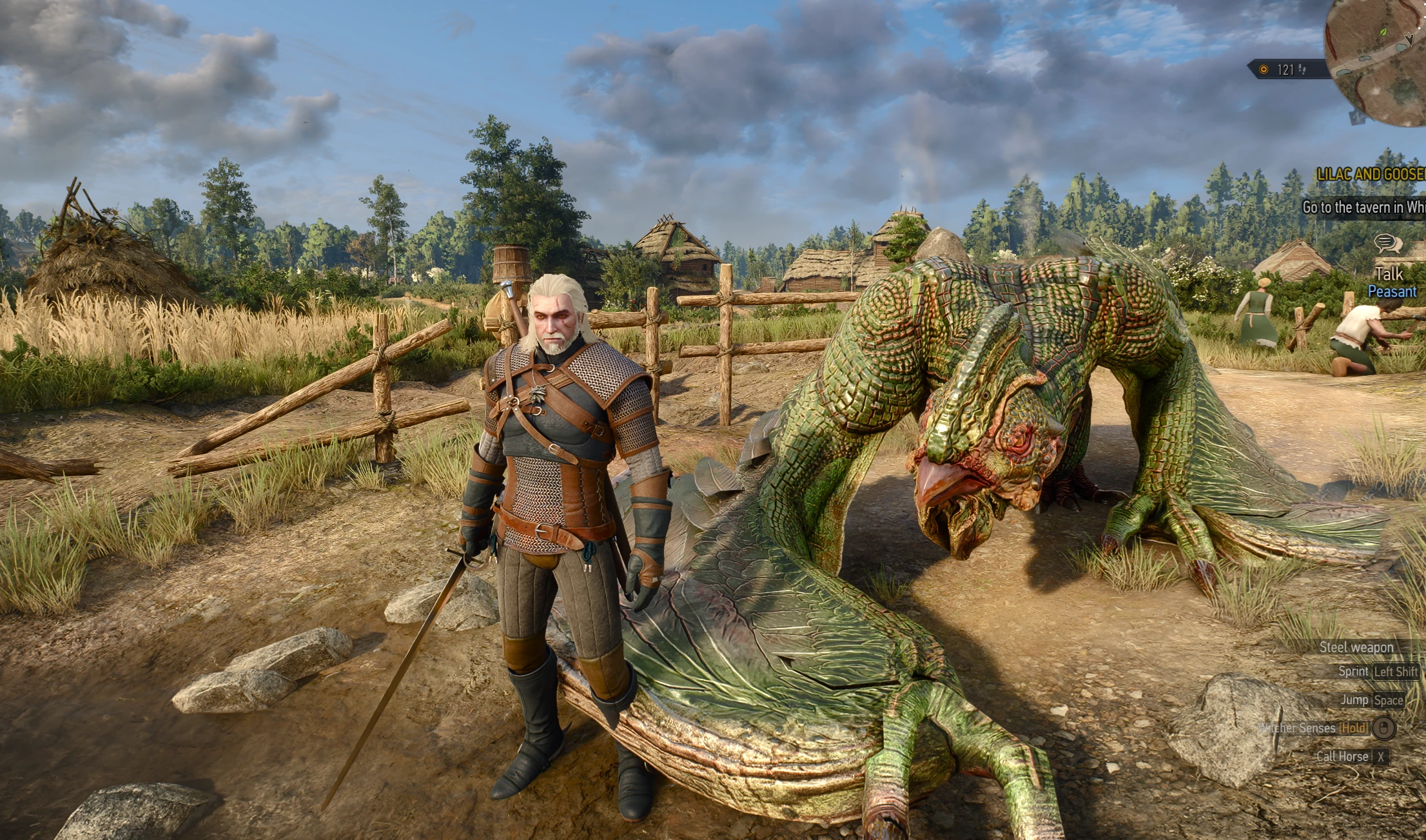 Geralt stands beside a green cockatrice in a village in The Witcher 3.
