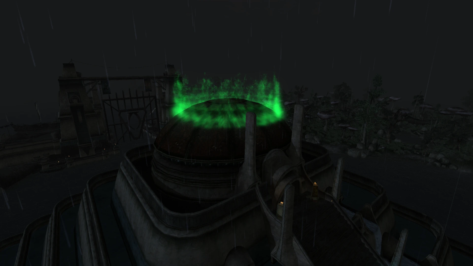 Green shader flames encircle the dome of Vivec's Palace during a rainy night in Morrowind using OpenMW.