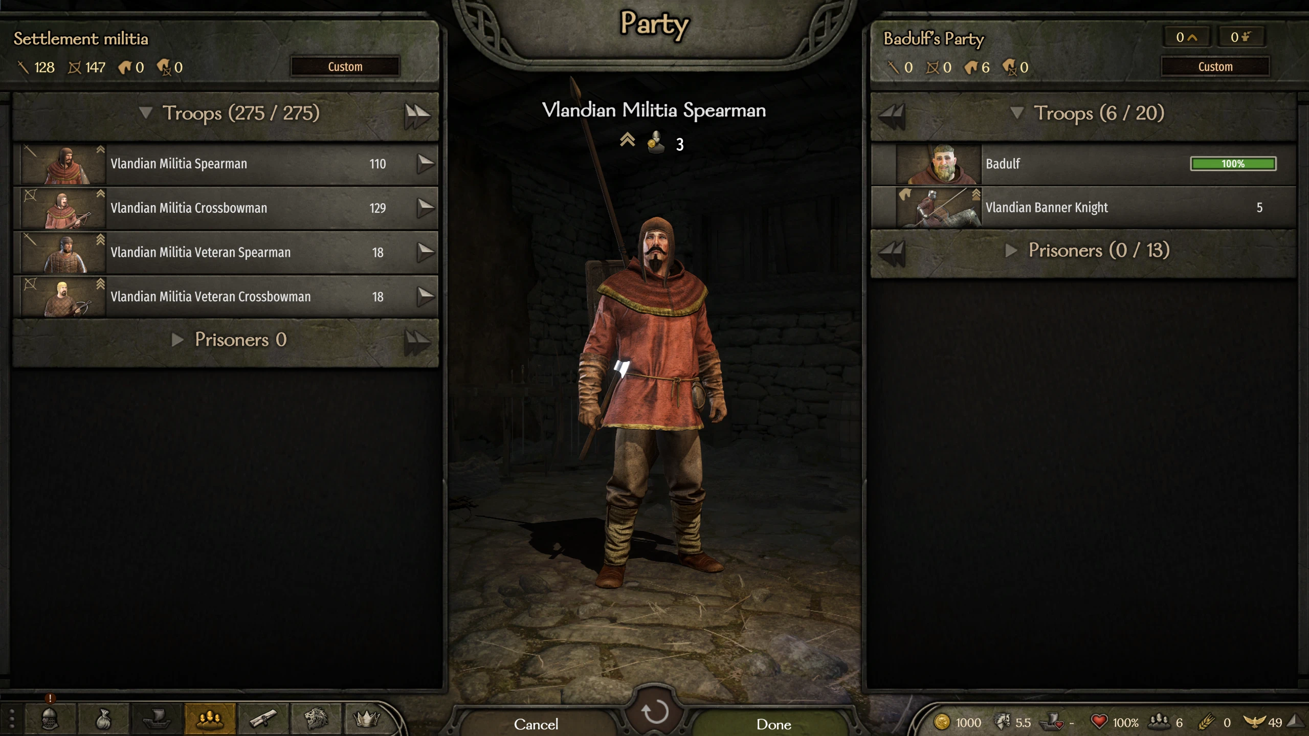 A Vlandian militia spearman stands between settlement-militia and player-party lists in Militia Enlistment's troop-transfer screen.