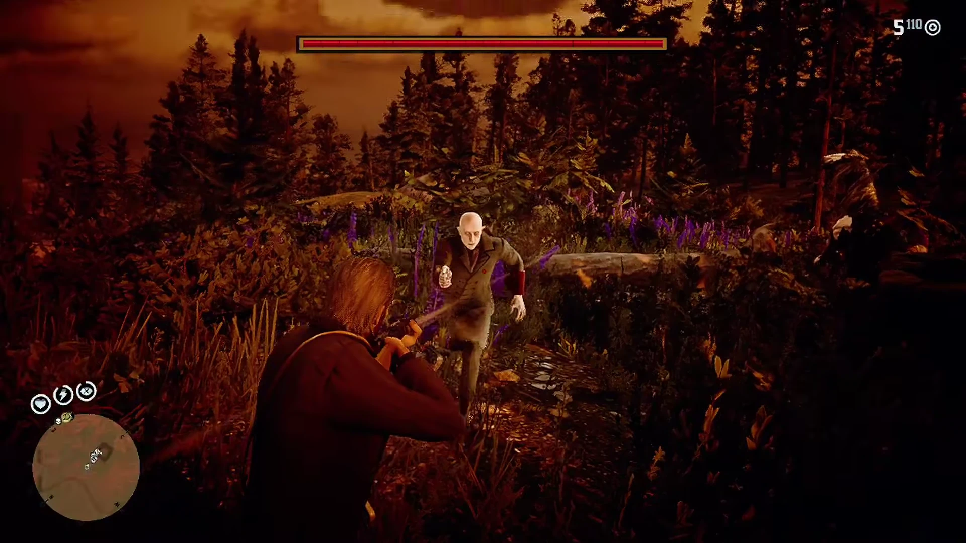 The player aims a long gun at a pale vampire-like attacker in woodland during The Hollow Man encounter.