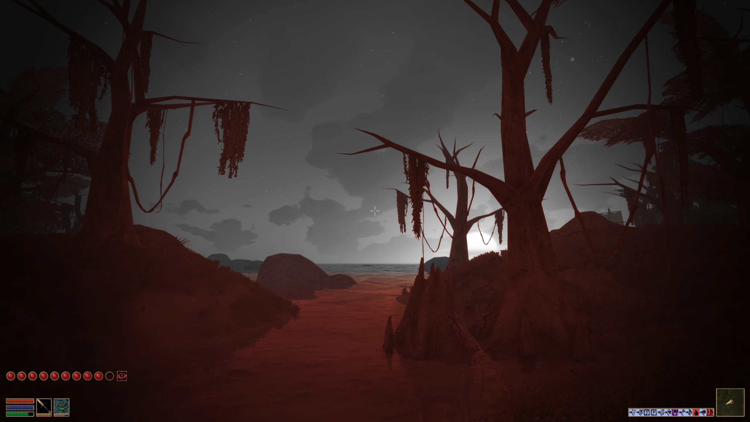 Red-tinted shoreline and bare trees under a gray night sky in Hunt for OpenMW.