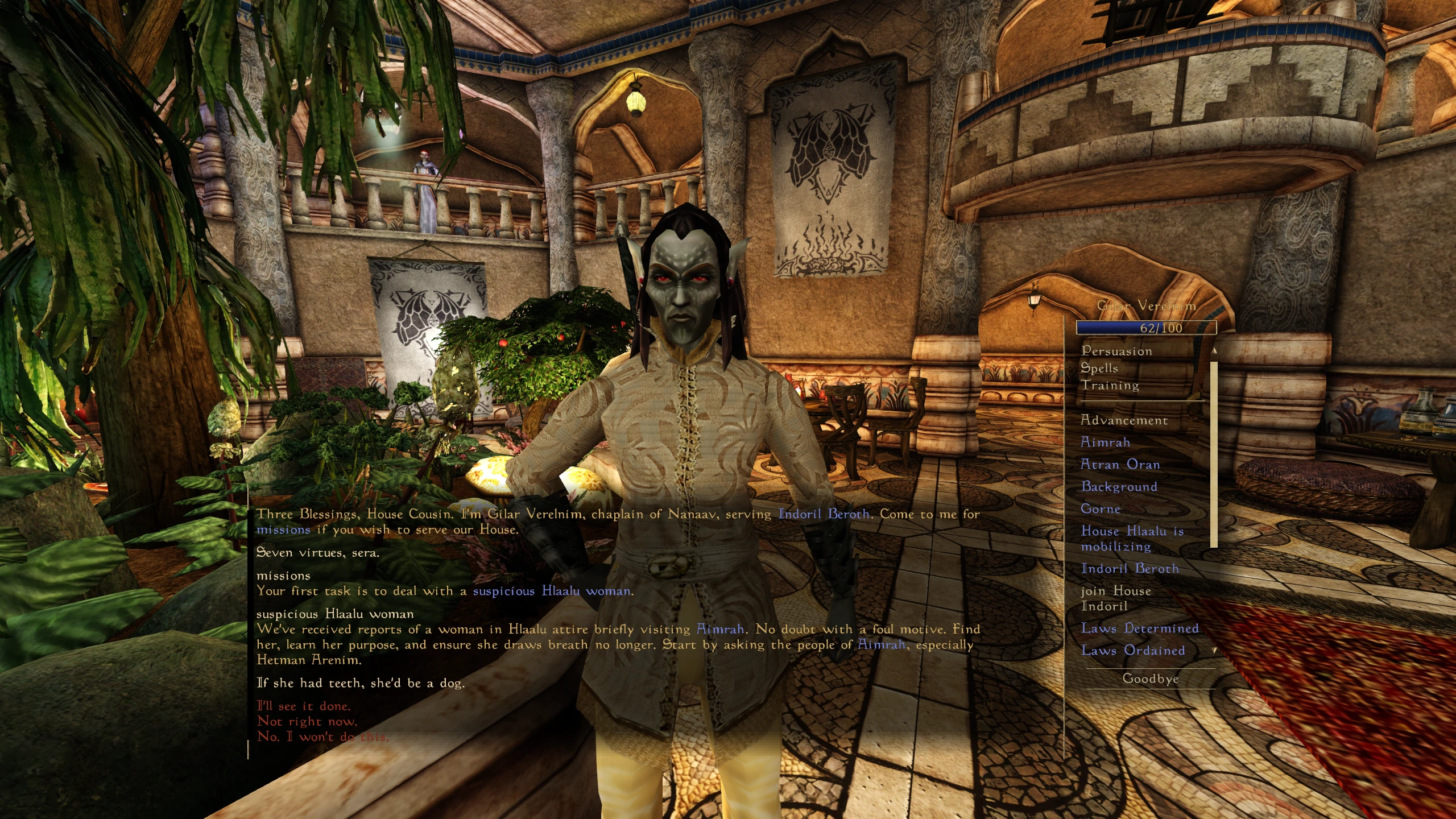 Gilar Verelnim in a Tamriel Rebuilt interior with the player dialogue window open.