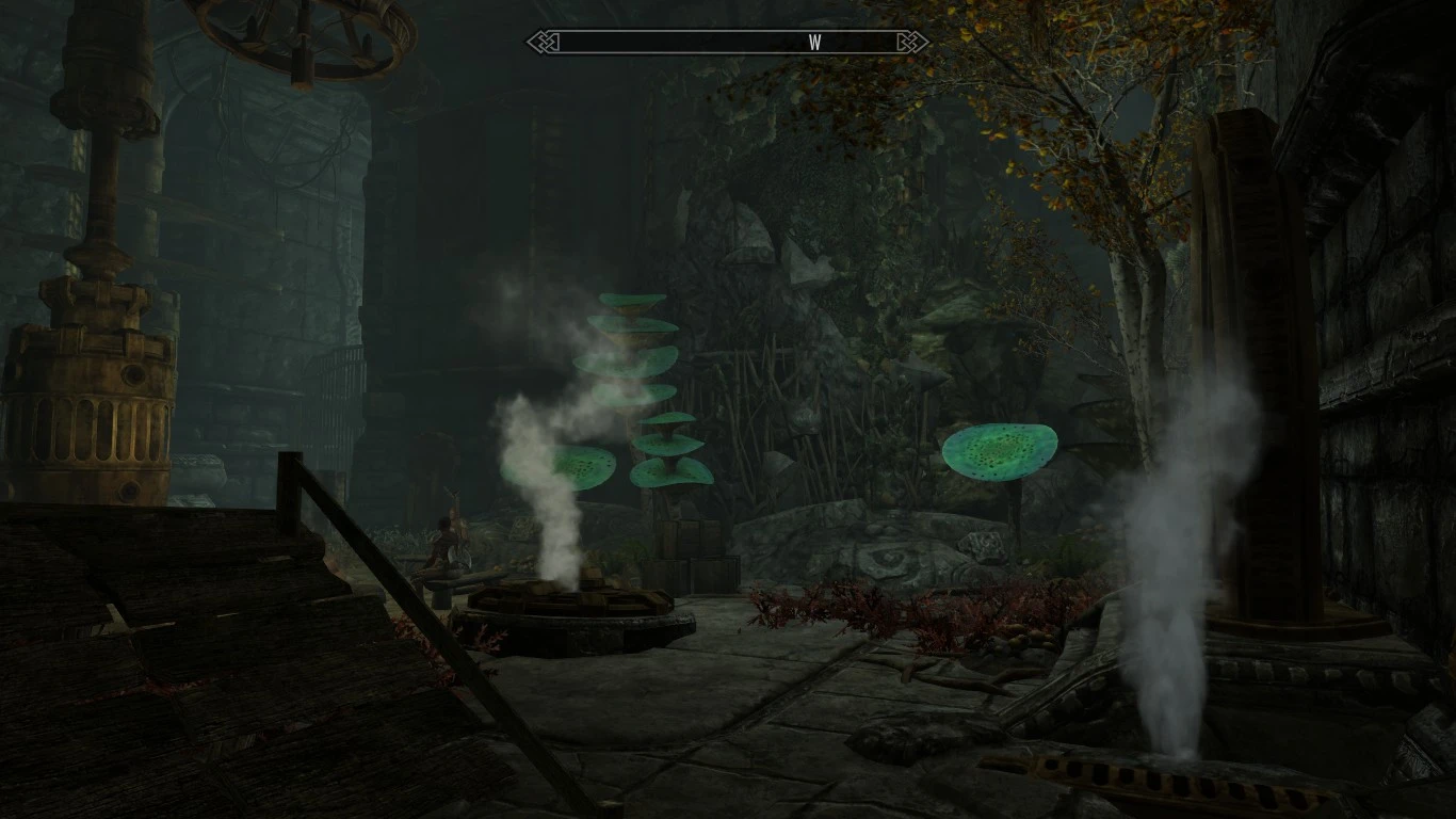 Steam rises from metal vents beside glowing mushrooms inside Ctharzel’s Dwemer ruins.