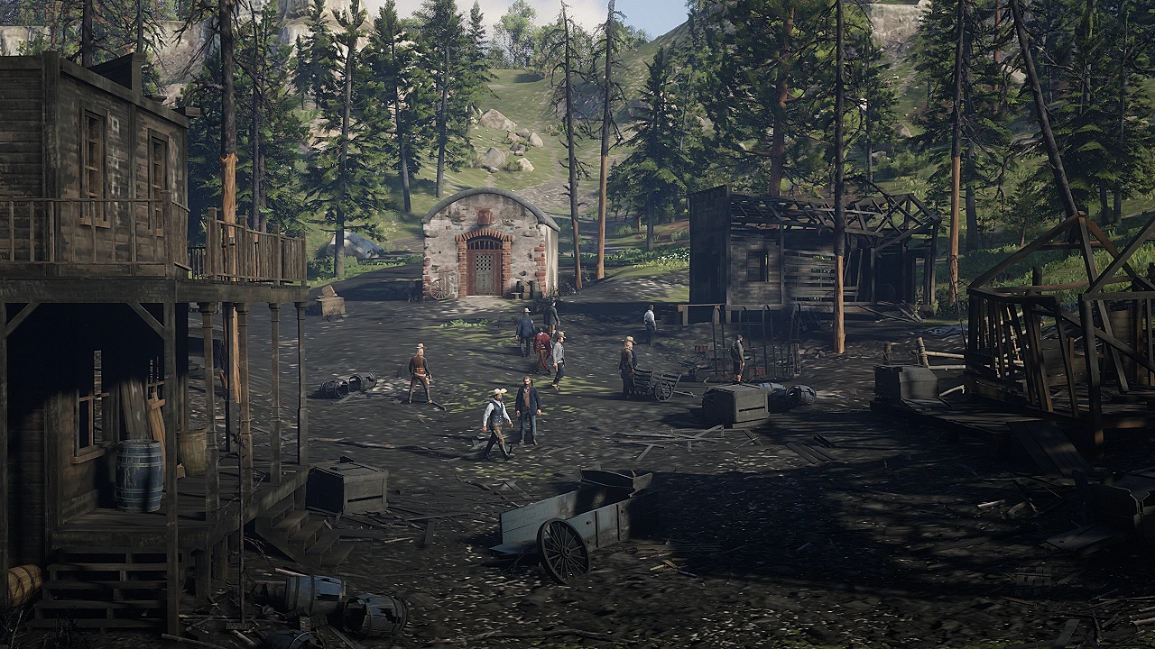 Armed gang members gather among the buildings of an abandoned Red Dead Redemption 2 settlement.