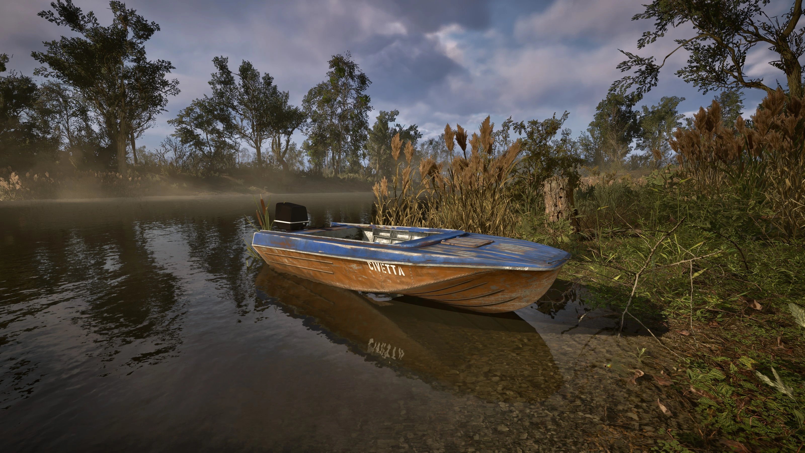 A blue-and-orange motorboat rests beside reeds along a wooded riverbank in Aqua Exitus.