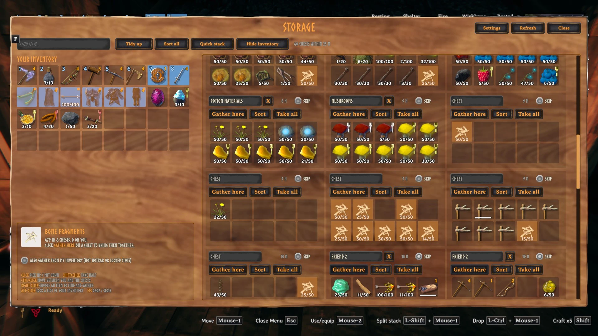Storage Master shows a Valheim inventory alongside several named chest inventories in one window.