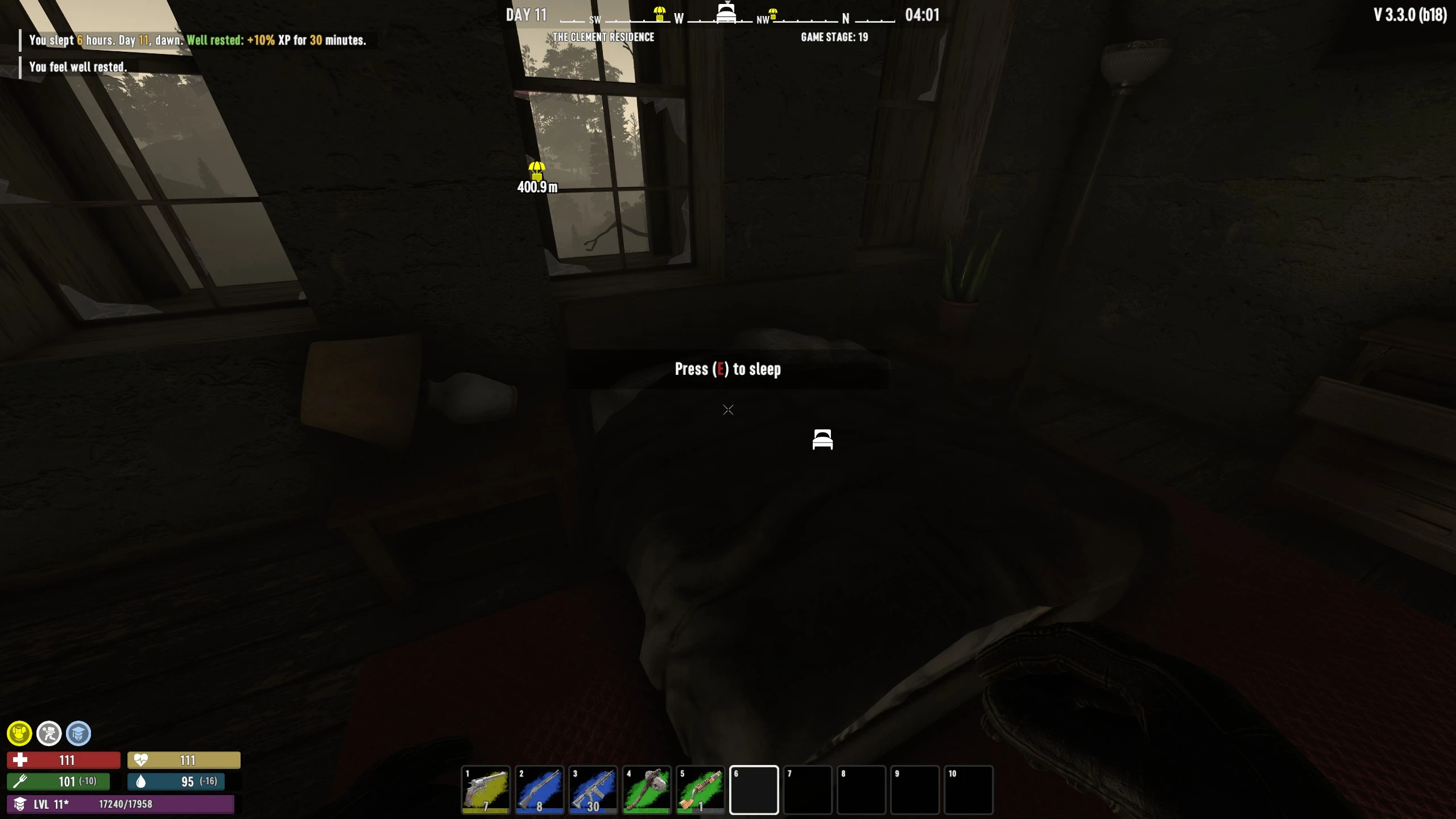A converted bed in a dim 7 Days to Die bedroom displays a sleep prompt and bedroll icon.