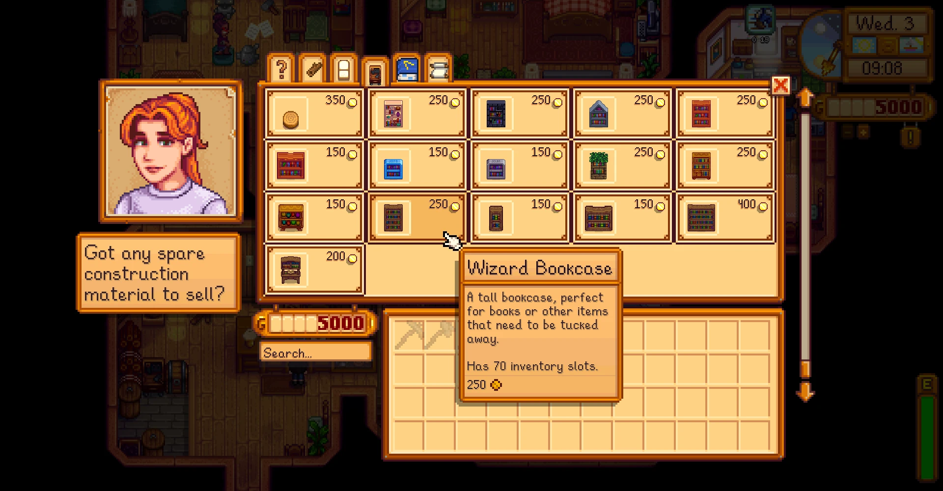 Robin’s shop inventory displays functional bookcases, with the Wizard Bookcase storage tooltip open.