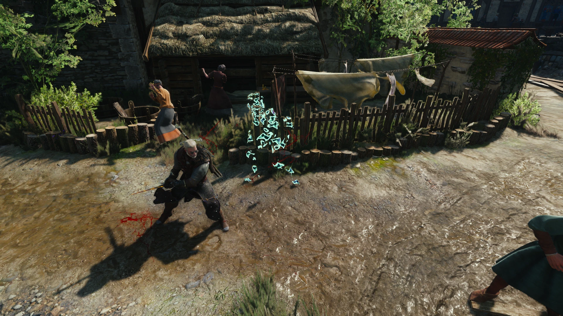 Geralt confronts a glowing creature beside a village cottage in The Weeping Plague quest.