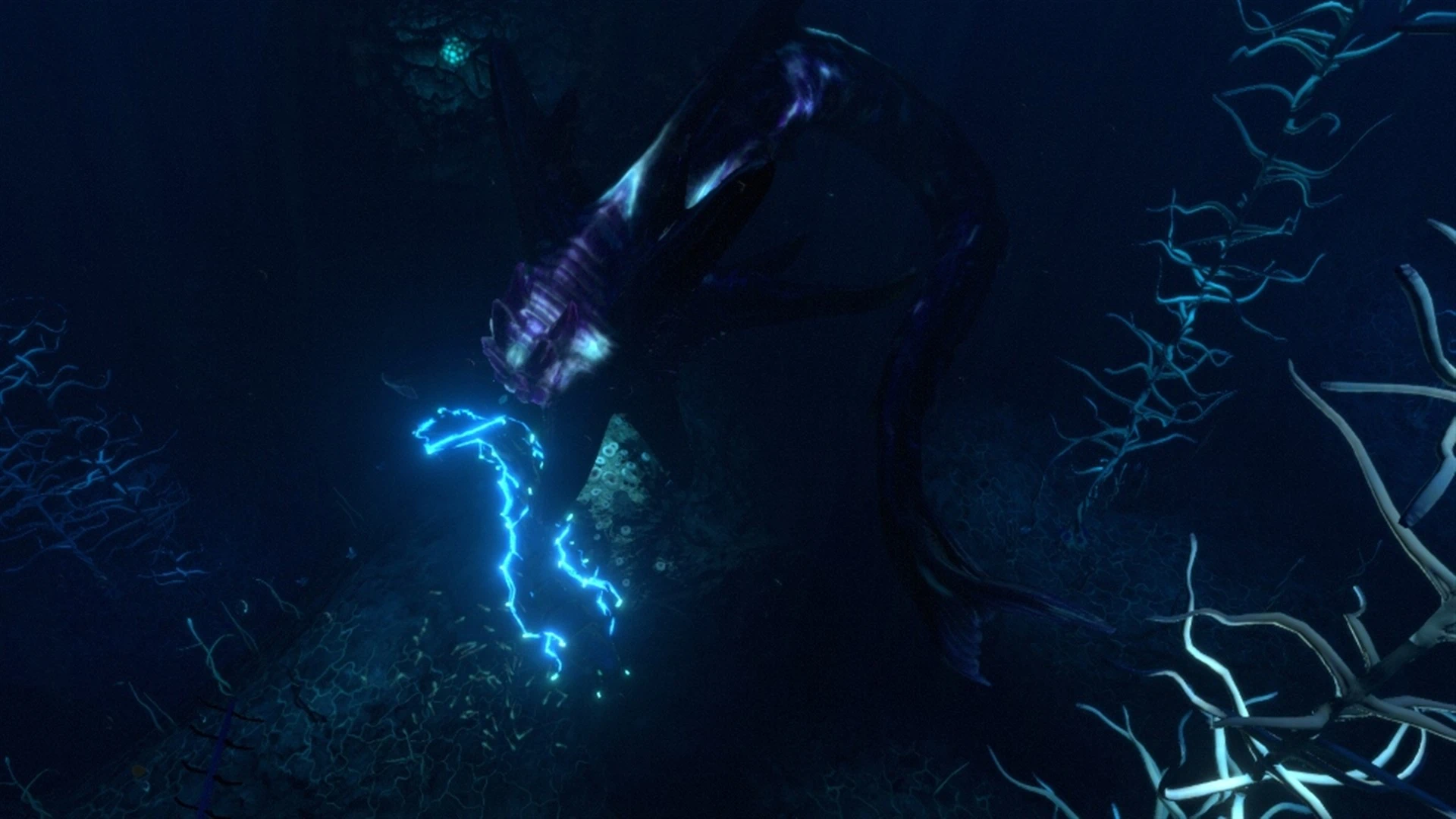 A purple and cyan Neon Starworm Leviathan swimming through dark Subnautica waters above glowing sea life.