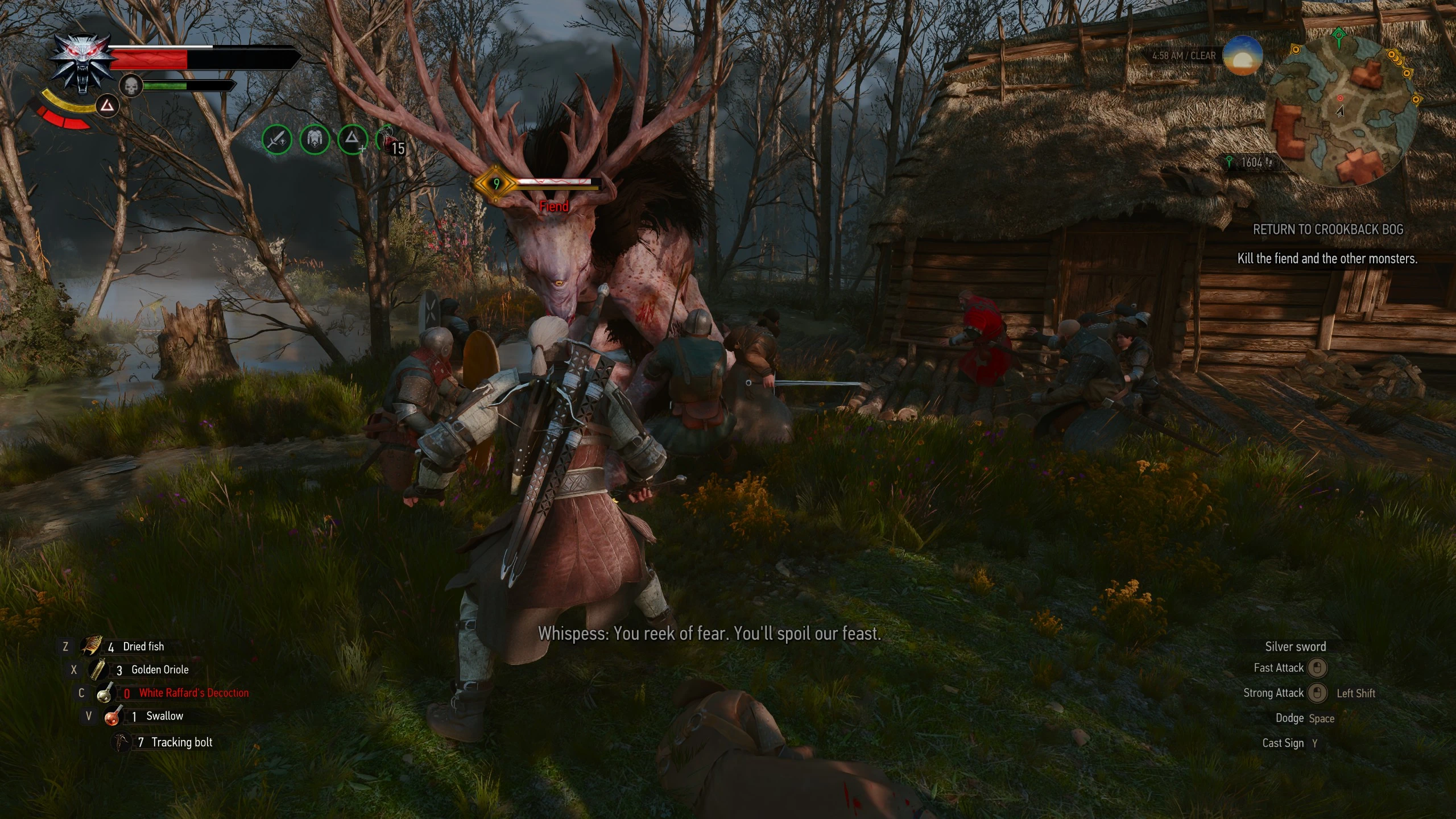 Geralt faces a fiend among armed fighters near a wooden hut in The Witcher 3.