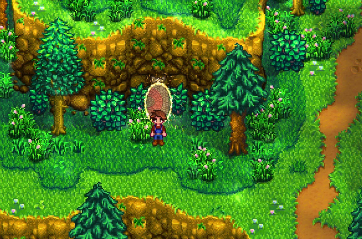 A farmer stands before a glowing portal in Stardew Valley woodland.