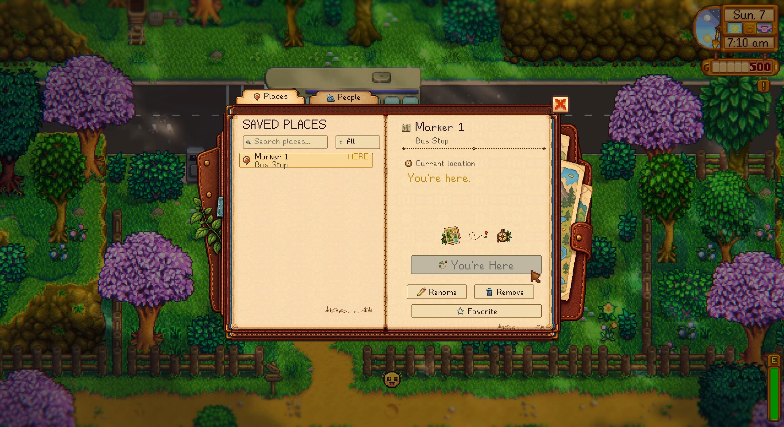 The Along the Way Travel Journal lists a saved destination over a Stardew Valley outdoor scene.